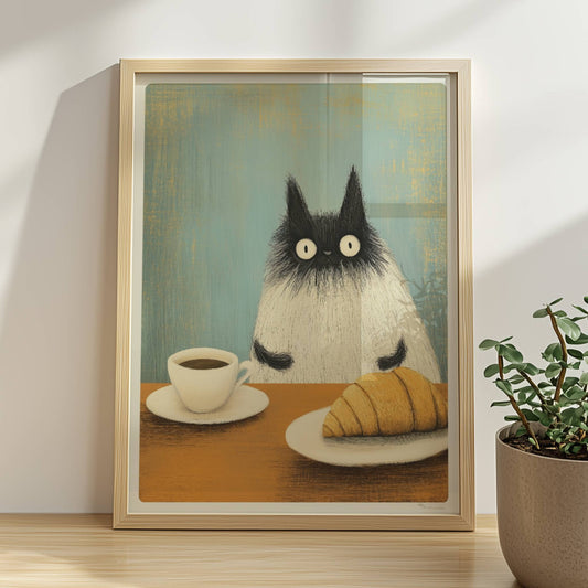 Siamkatze mit Croissant und Kaffee, niedliches Katzenposter.. Rahmen natur 30x40