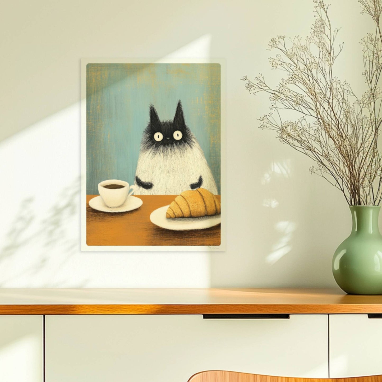 Siamkatze mit Croissant und Kaffee, niedliches Katzenposter.. Ohne Rahmen 30x40