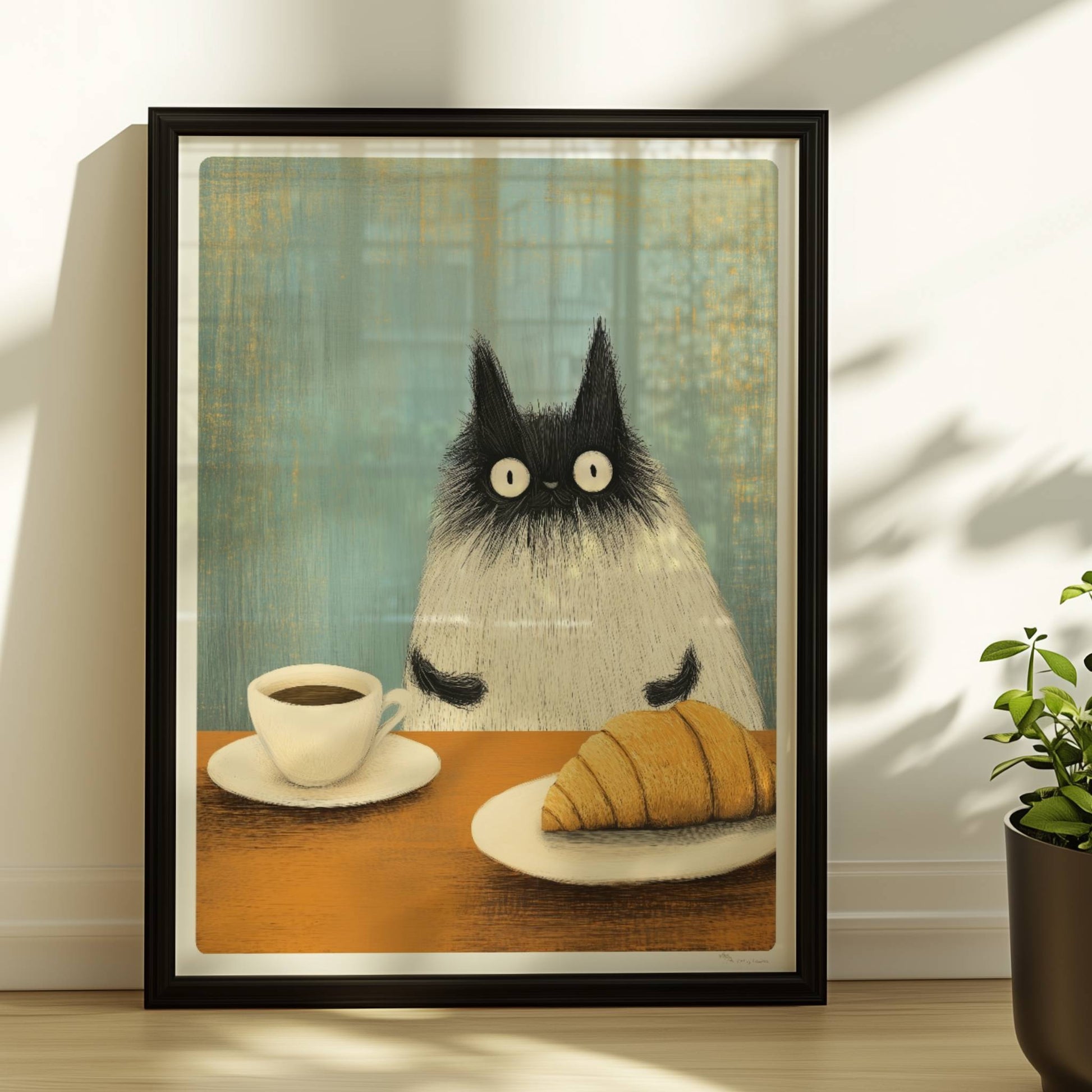 Siamkatze mit Croissant und Kaffee, niedliches Katzenposter.. Rahmen schwarz 30x40