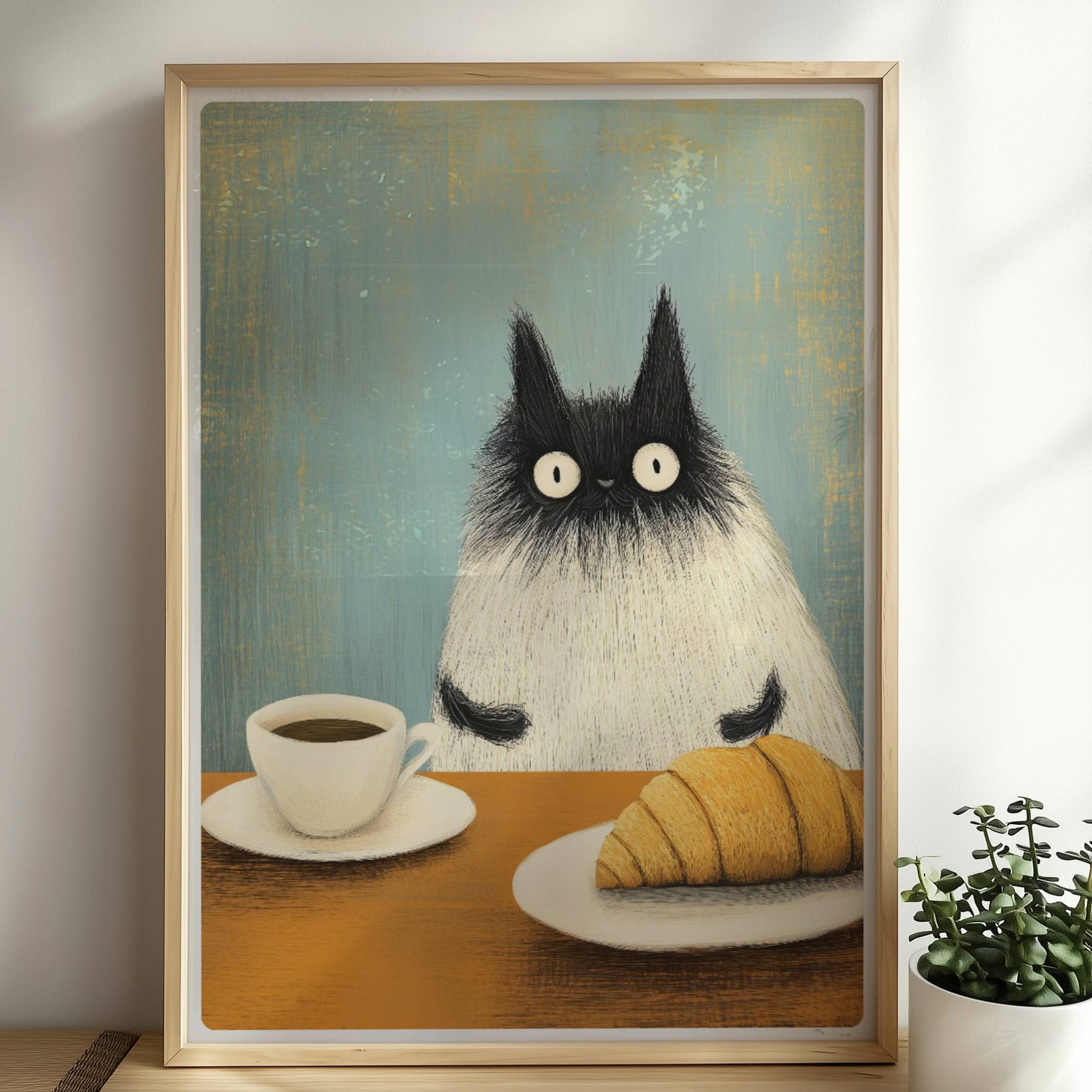 Siamkatze mit Croissant und Kaffee, niedliches Katzenposter.. Rahmen natur 50x70