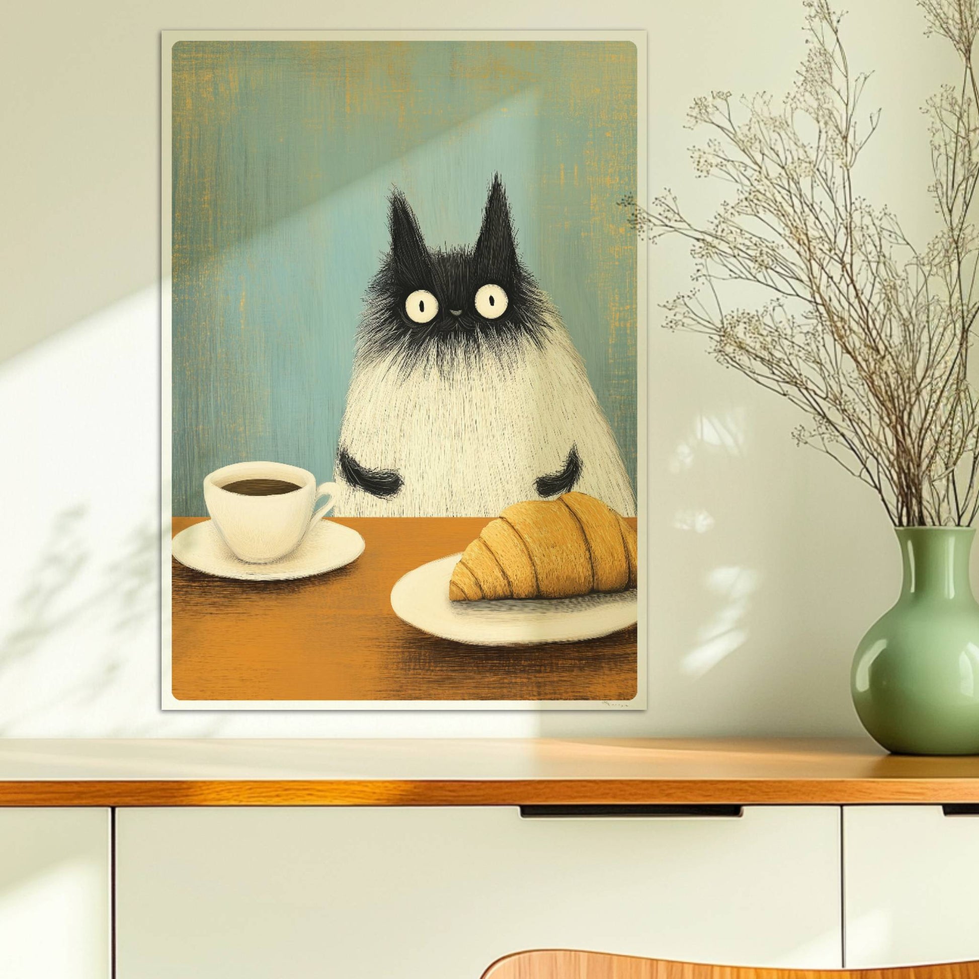 Siamkatze mit Croissant und Kaffee, niedliches Katzenposter.. Ohne Rahmen 50x70