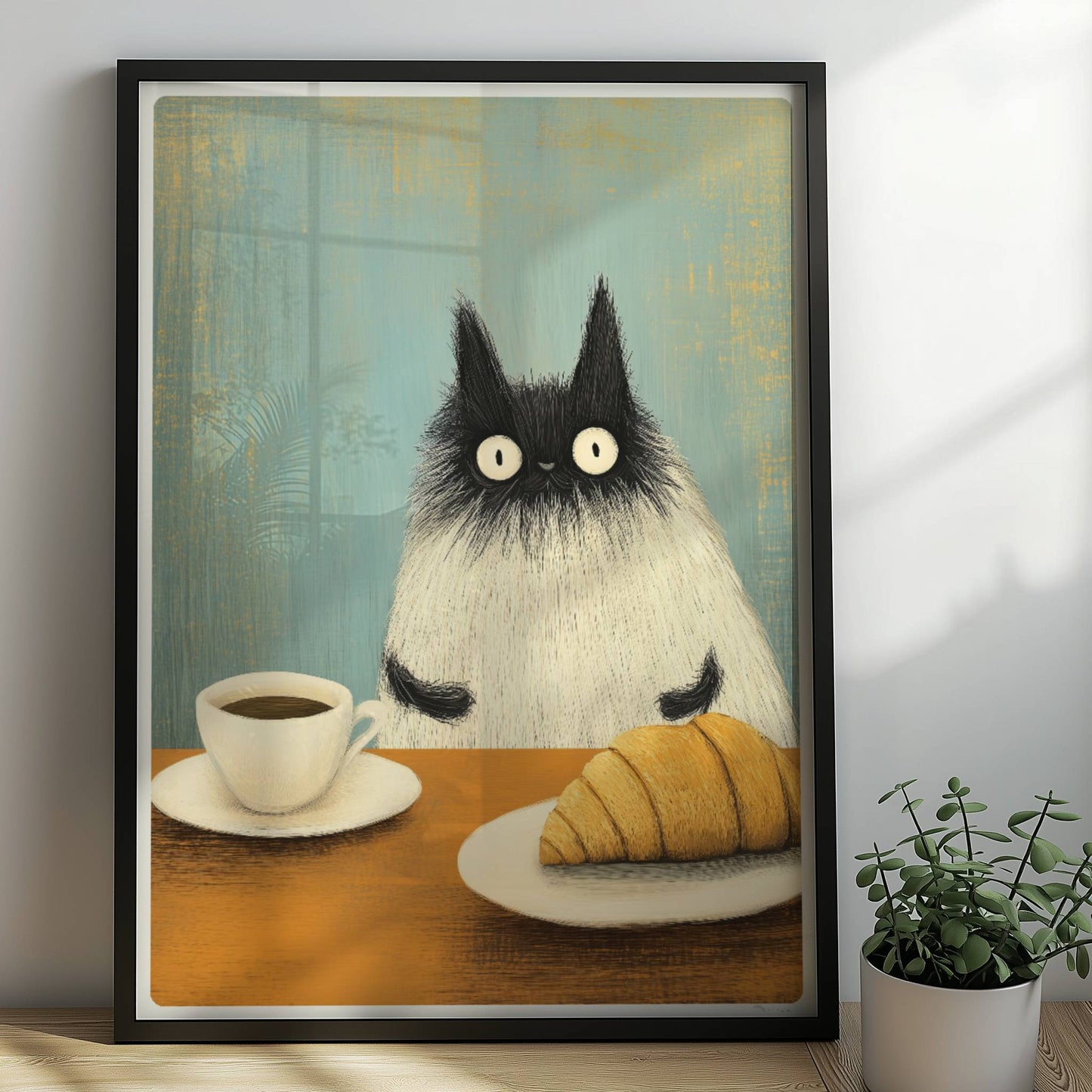Siamkatze mit Croissant und Kaffee, niedliches Katzenposter.. Rahmen schwarz 50x70