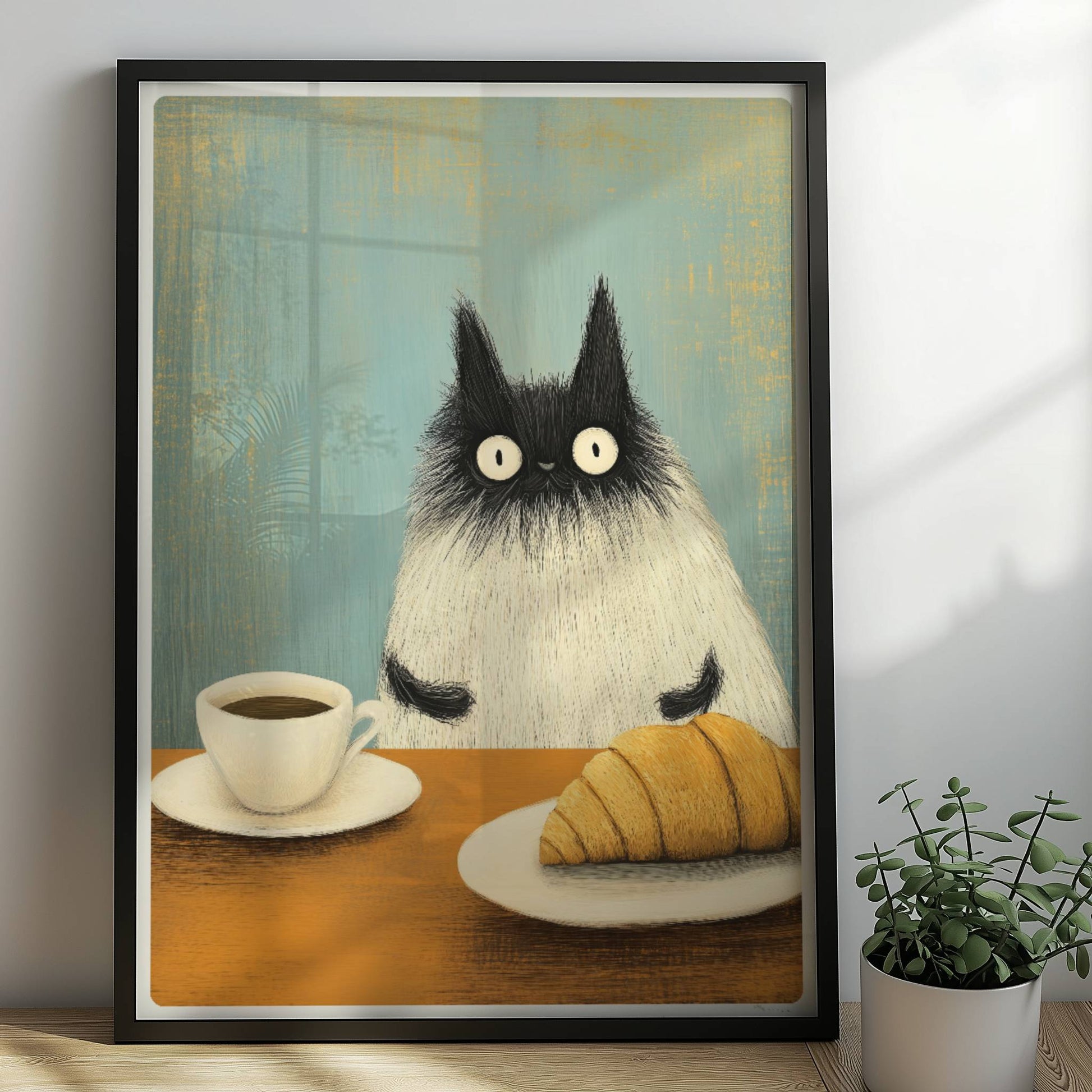 Siamkatze mit Croissant und Kaffee, niedliches Katzenposter.. Rahmen schwarz 50x70