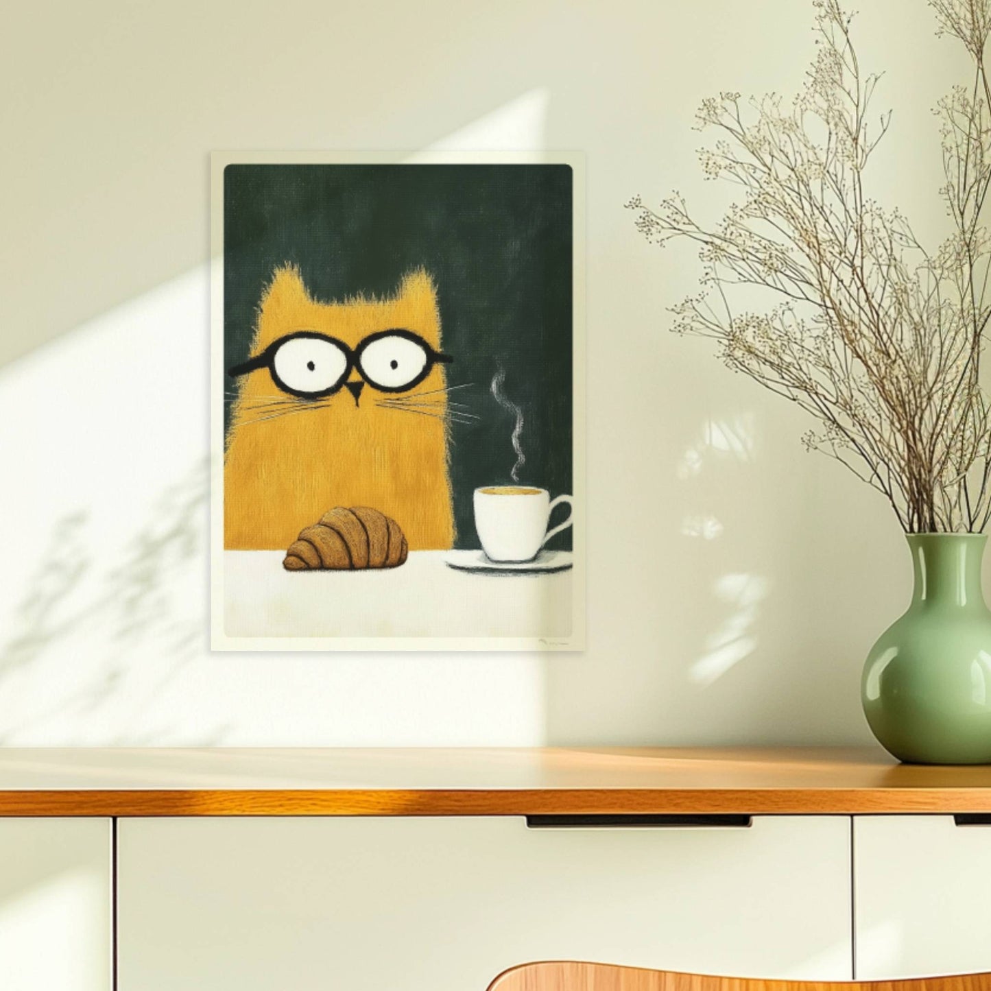 Rote Katze mit Croissant und Kaffee, lustiges Katzenposter.. Ohne Rahmen 30x40