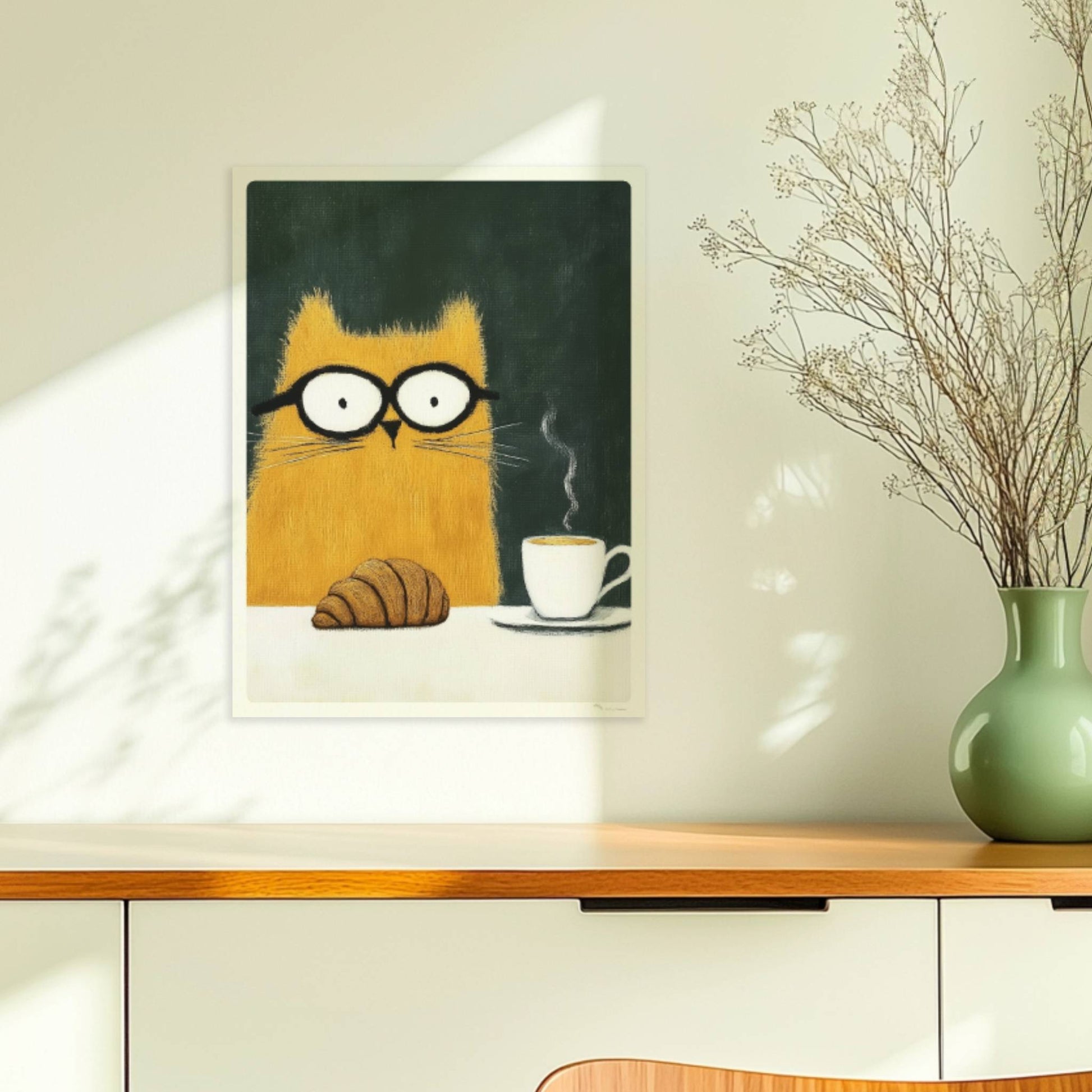 Rote Katze mit Croissant und Kaffee, lustiges Katzenposter.. Ohne Rahmen 30x40
