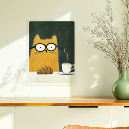 Rote Katze mit Croissant und Kaffee, lustiges Katzenposter.. Ohne Rahmen 30x40