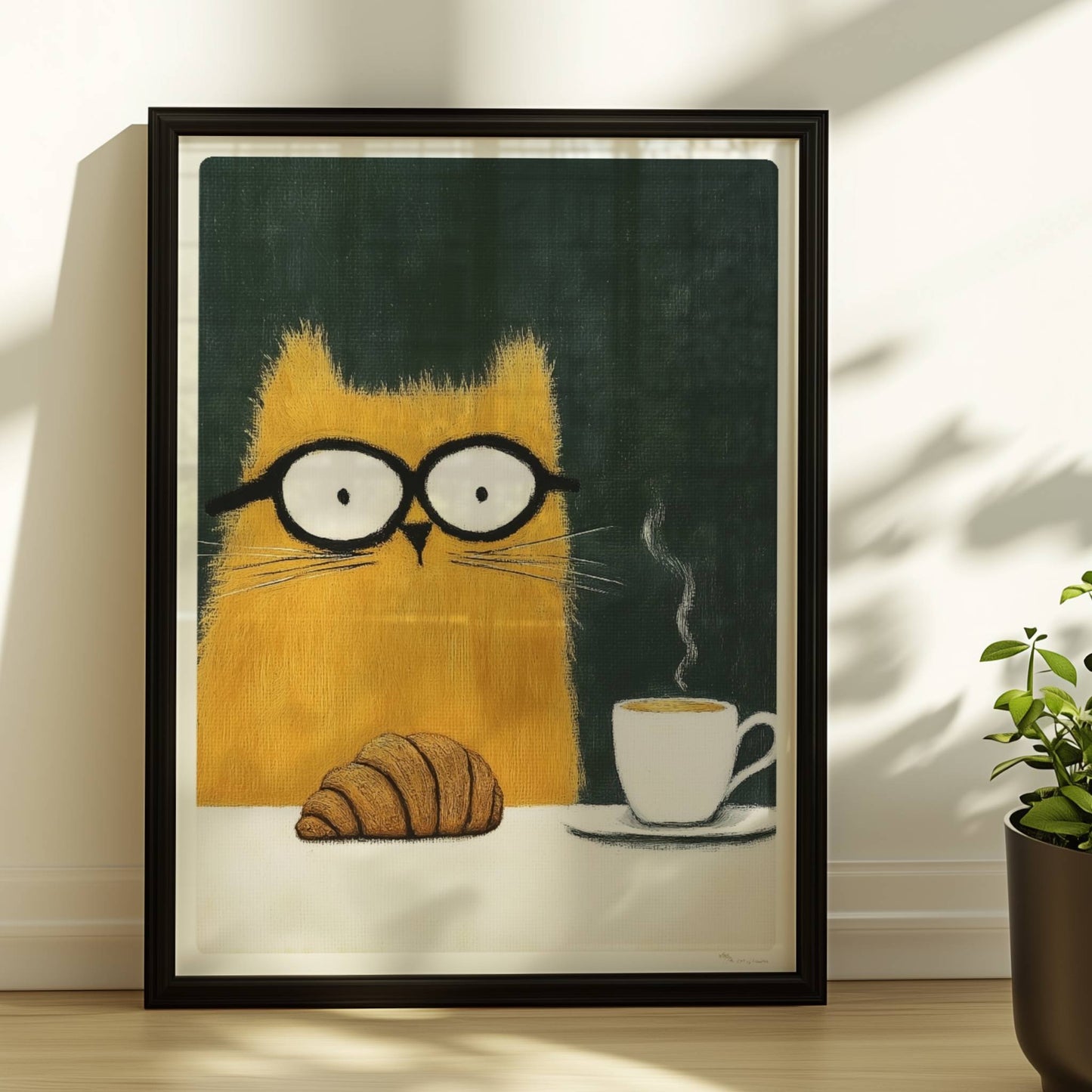 Rote Katze mit Croissant und Kaffee, lustiges Katzenposter.. Rahmen schwarz 30x40