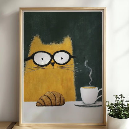 Rote Katze mit Croissant und Kaffee, lustiges Katzenposter.. Rahmen natur 50x70