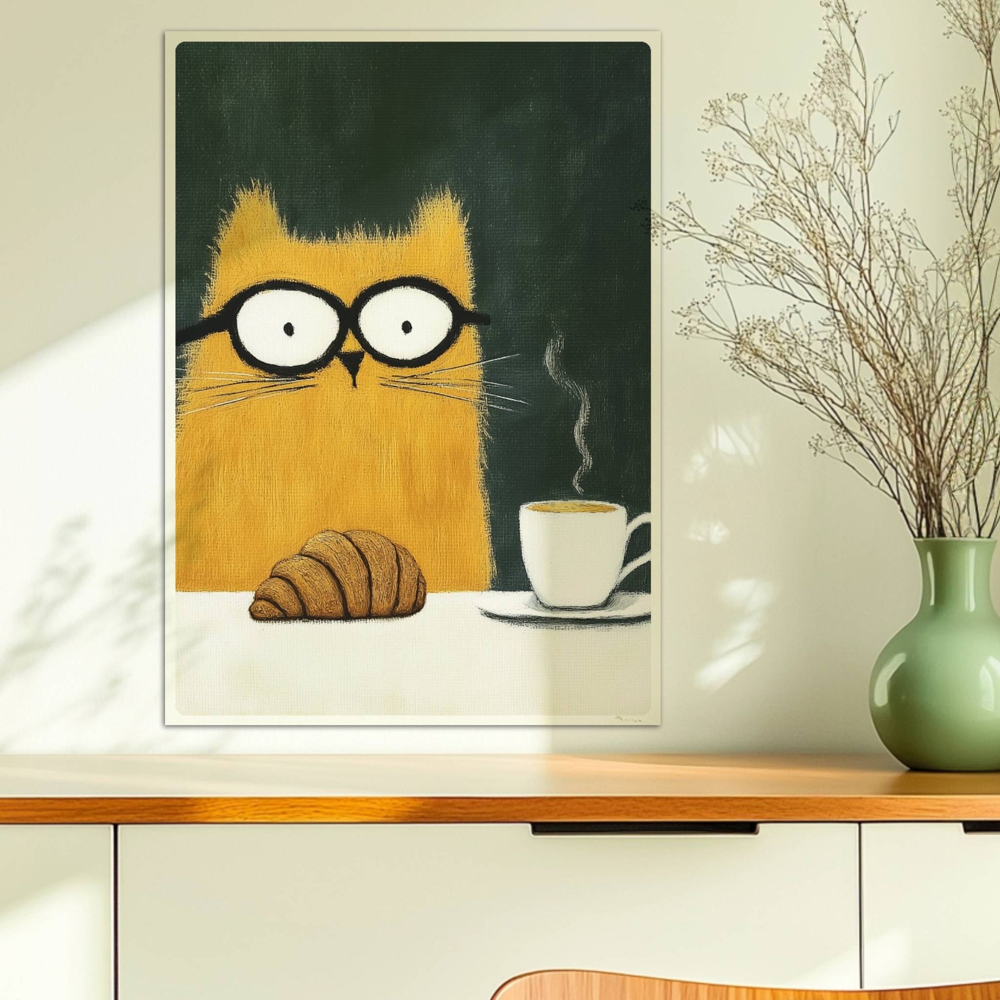 Rote Katze mit Croissant und Kaffee, lustiges Katzenposter.. Ohne Rahmen 50x70