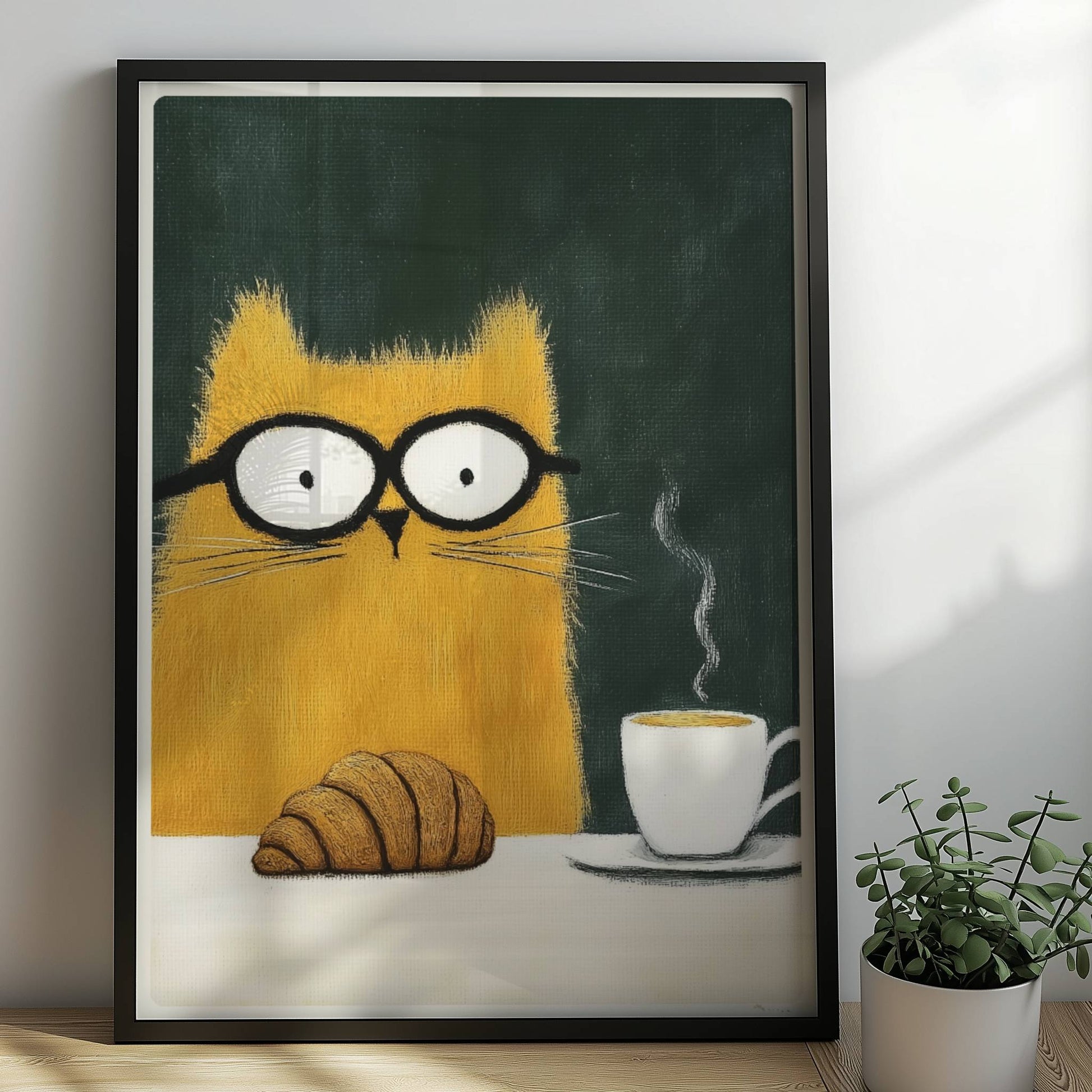 Rote Katze mit Croissant und Kaffee, lustiges Katzenposter.. Rahmen schwarz 50x70