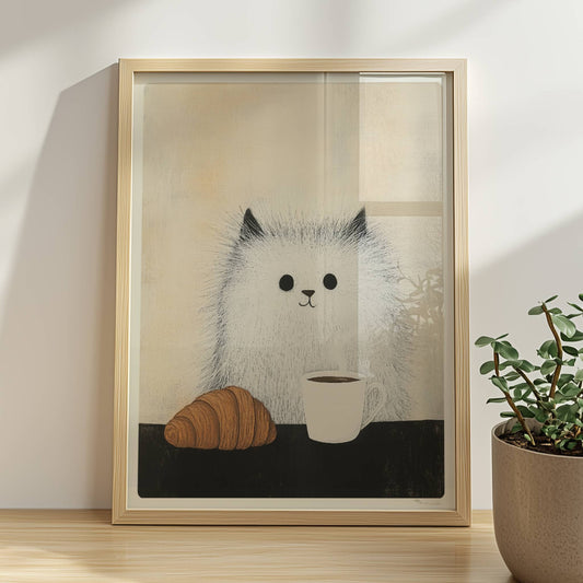 Baby-Katze mit Croissant und Kaffee, süßes Katzenposter.. Rahmen natur 30x40