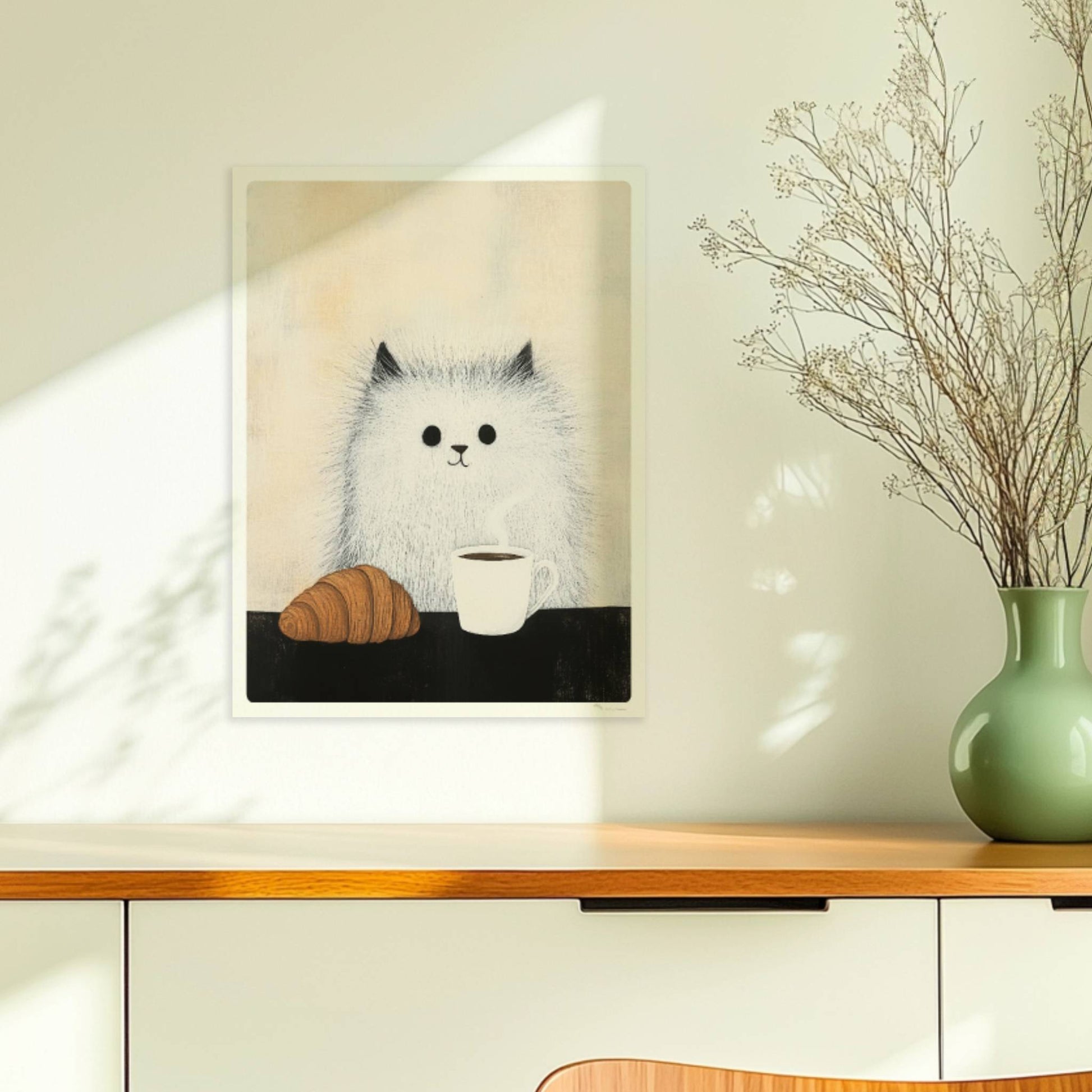 Baby-Katze mit Croissant und Kaffee, süßes Katzenposter.. Ohne Rahmen 30x40