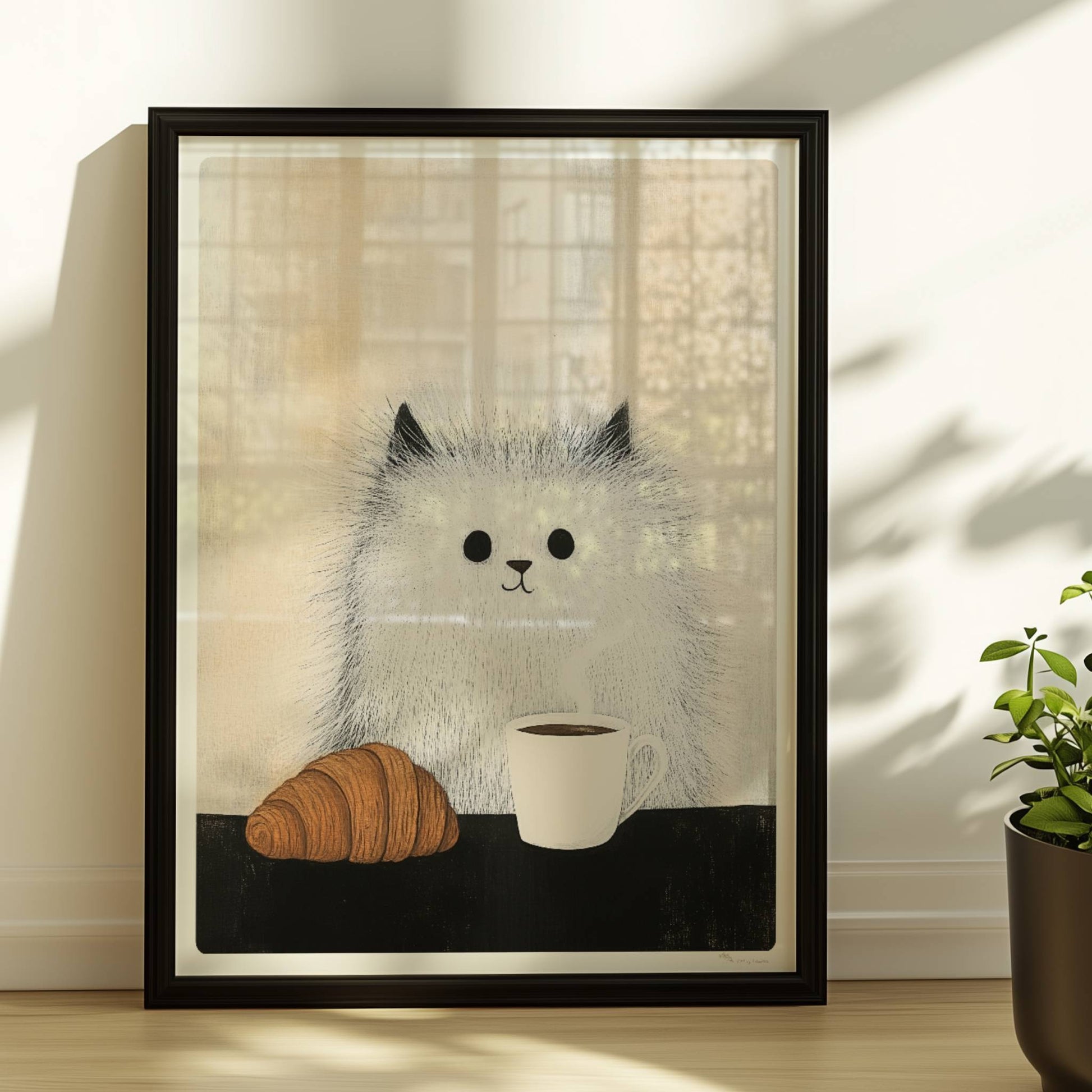 Baby-Katze mit Croissant und Kaffee, süßes Katzenposter.. Rahmen schwarz 30x40