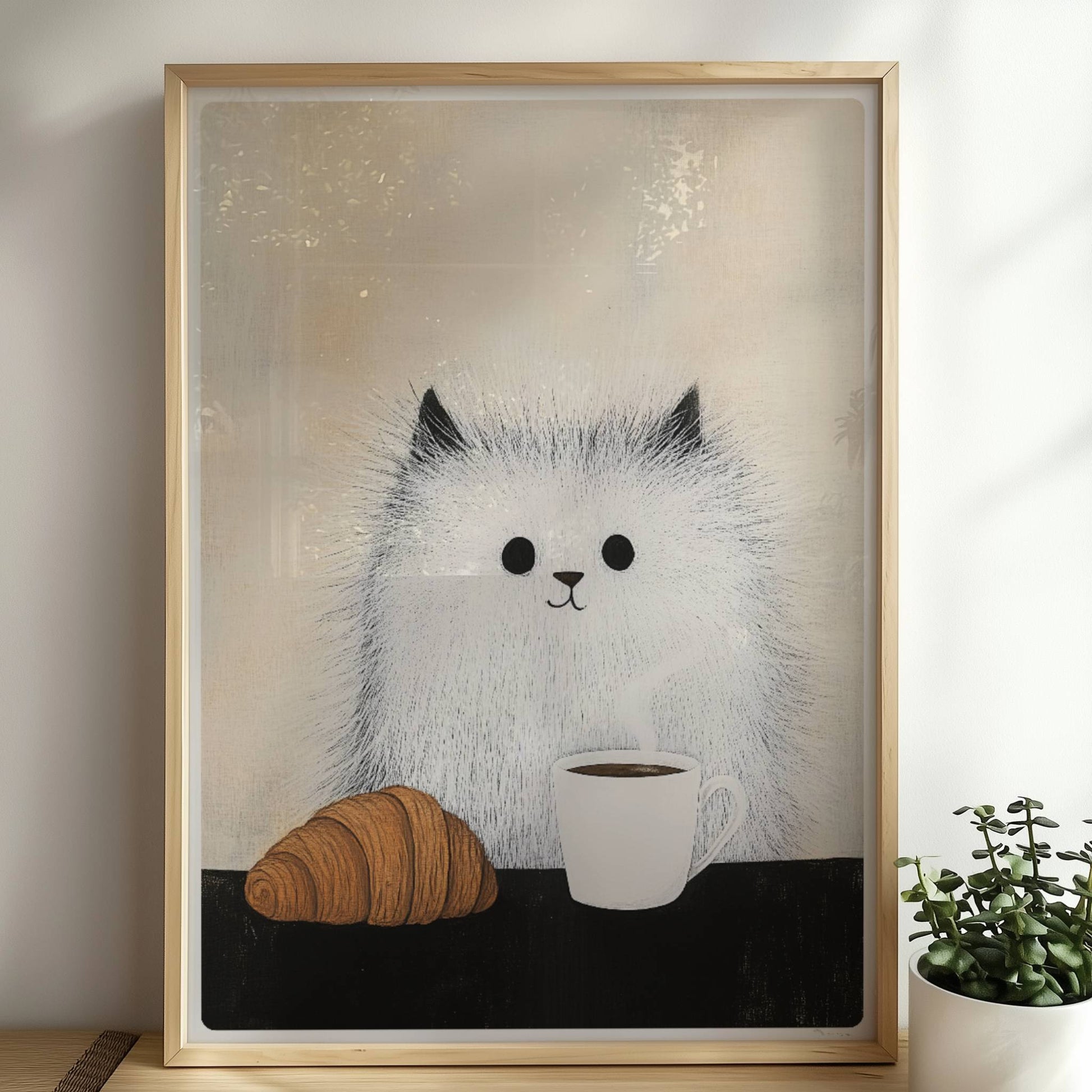 Baby-Katze mit Croissant und Kaffee, süßes Katzenposter.. Rahmen natur 50x70