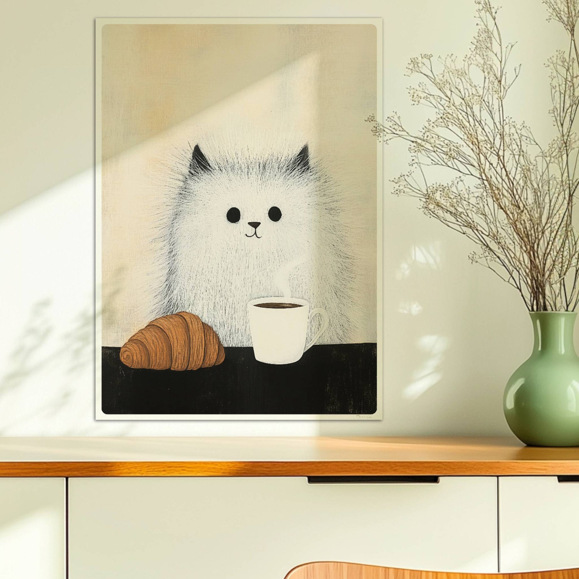 Baby-Katze mit Croissant und Kaffee, süßes Katzenposter.. Ohne Rahmen 50x70