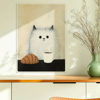 Baby-Katze mit Croissant und Kaffee, süßes Katzenposter.. Ohne Rahmen 50x70