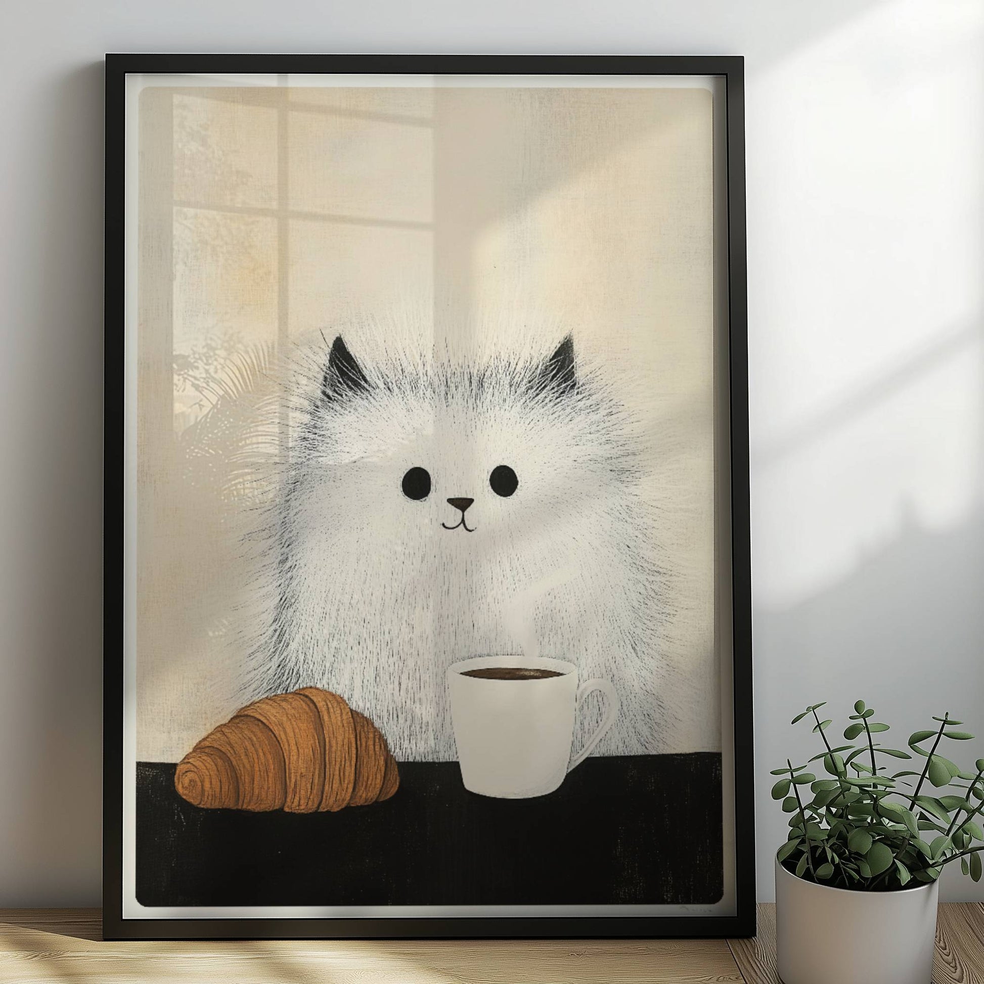 Baby-Katze mit Croissant und Kaffee, süßes Katzenposter.. Rahmen schwarz 50x70