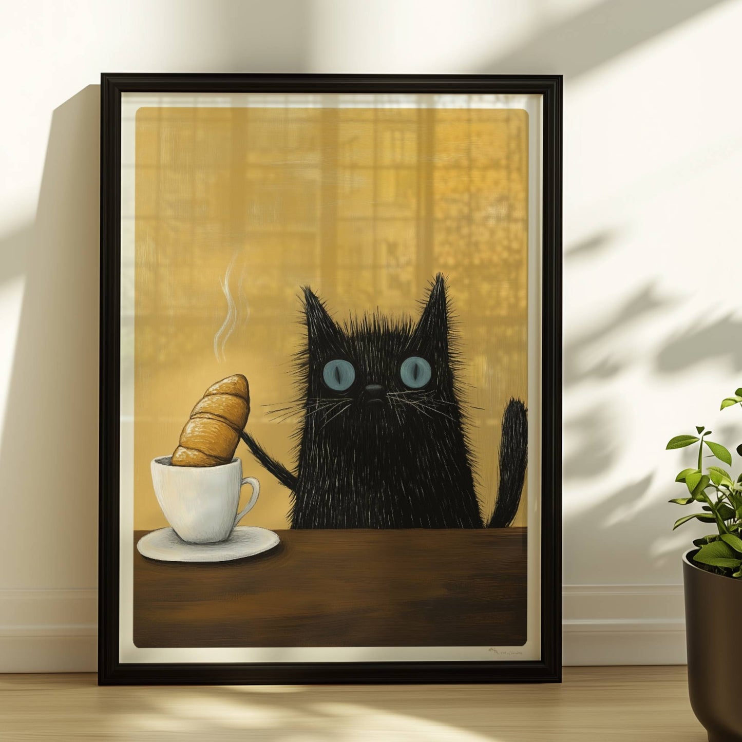 Schwarze Katze mit blauen Augen, lustiges Katzenposter.. Rahmen schwarz 30x40