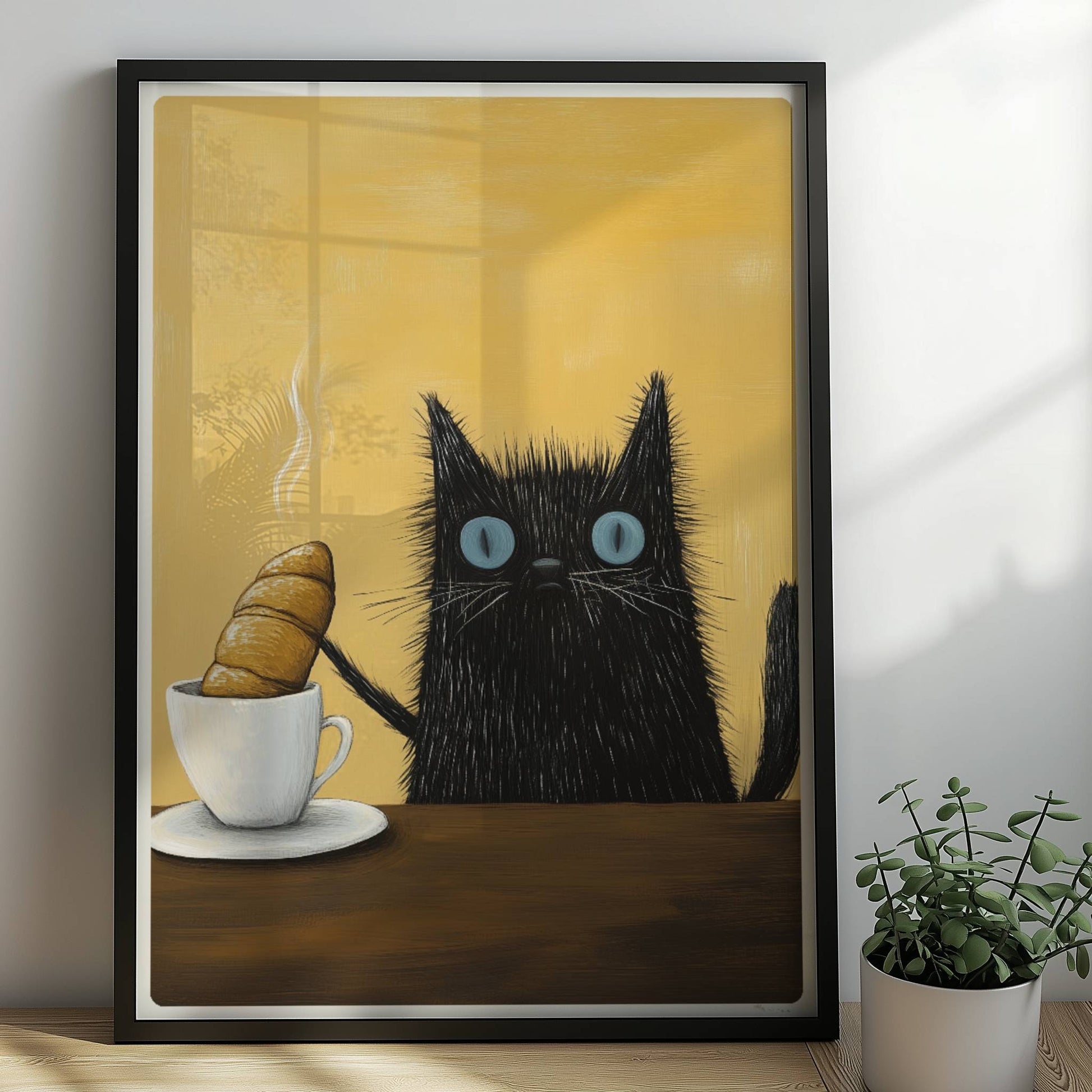 Schwarze Katze mit blauen Augen, lustiges Katzenposter.. Rahmen schwarz 50x70