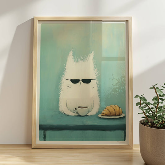 Weisse Katze mit Sonnenbrille und Kaffee, lustiges Katzenposter.. Rahmen natur 30x40