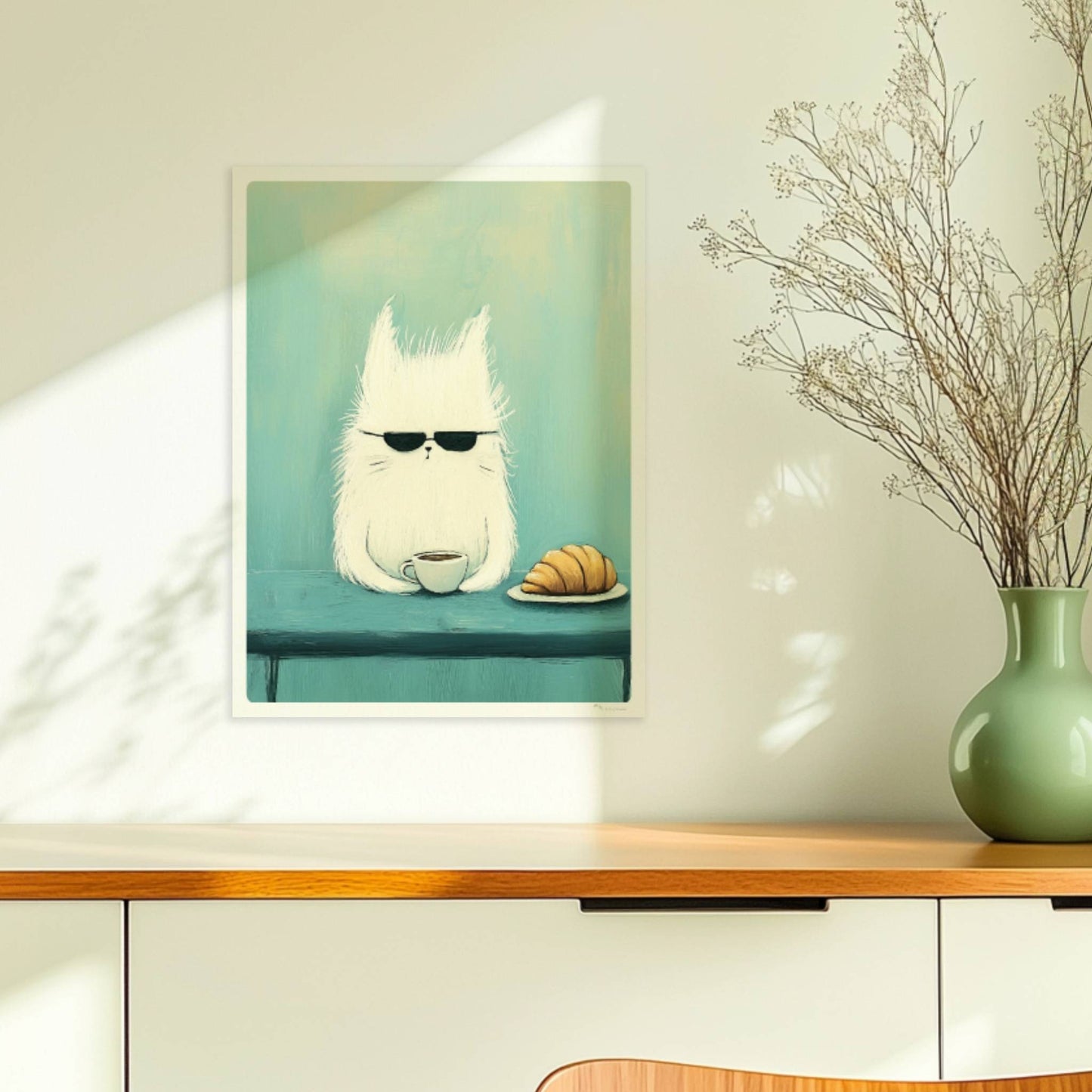 Weisse Katze mit Sonnenbrille und Kaffee, lustiges Katzenposter.. Ohne Rahmen 30x40