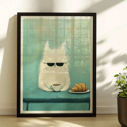 Weisse Katze mit Sonnenbrille und Kaffee, lustiges Katzenposter.. Rahmen schwarz 30x40