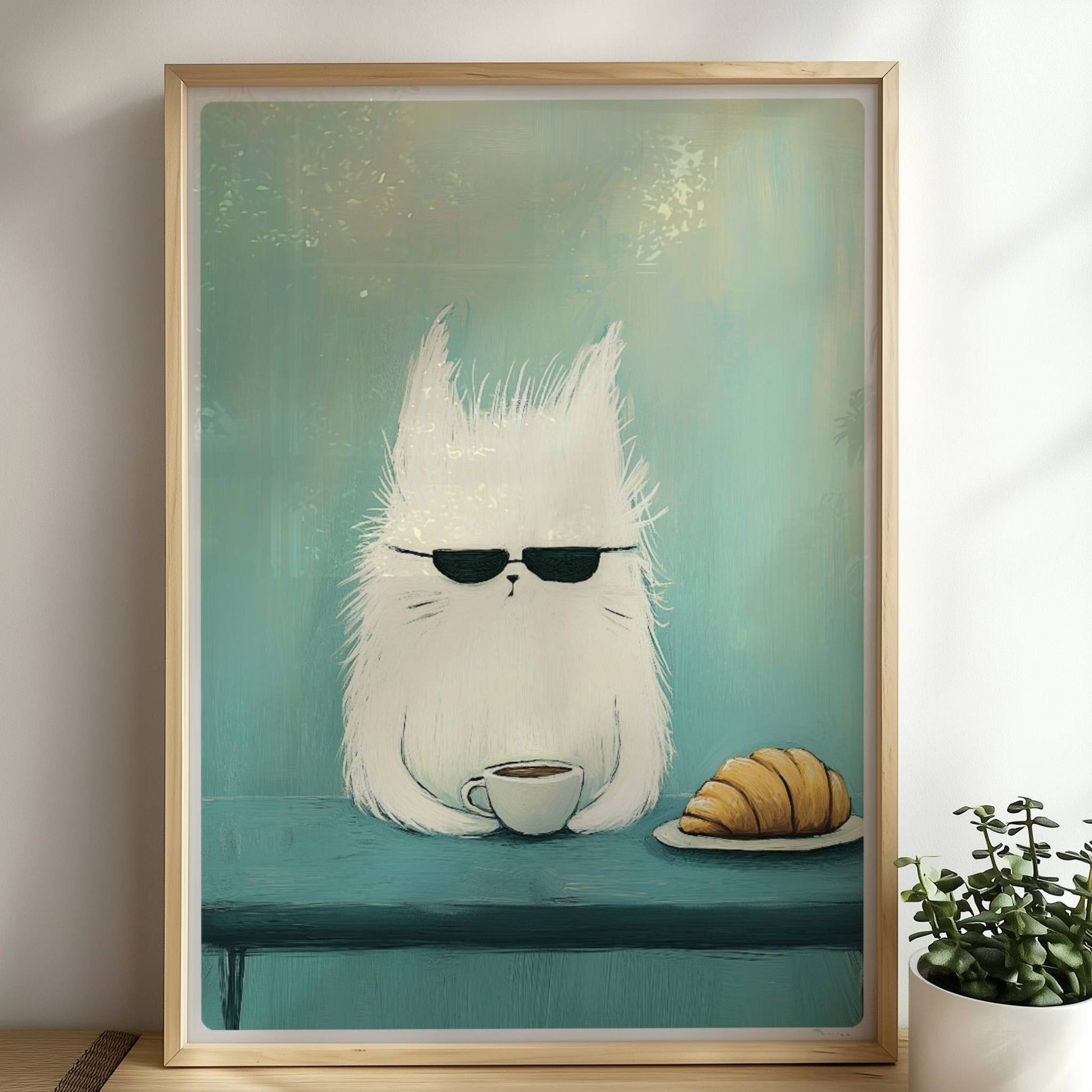 Weisse Katze mit Sonnenbrille und Kaffee, lustiges Katzenposter.. Rahmen natur 50x70