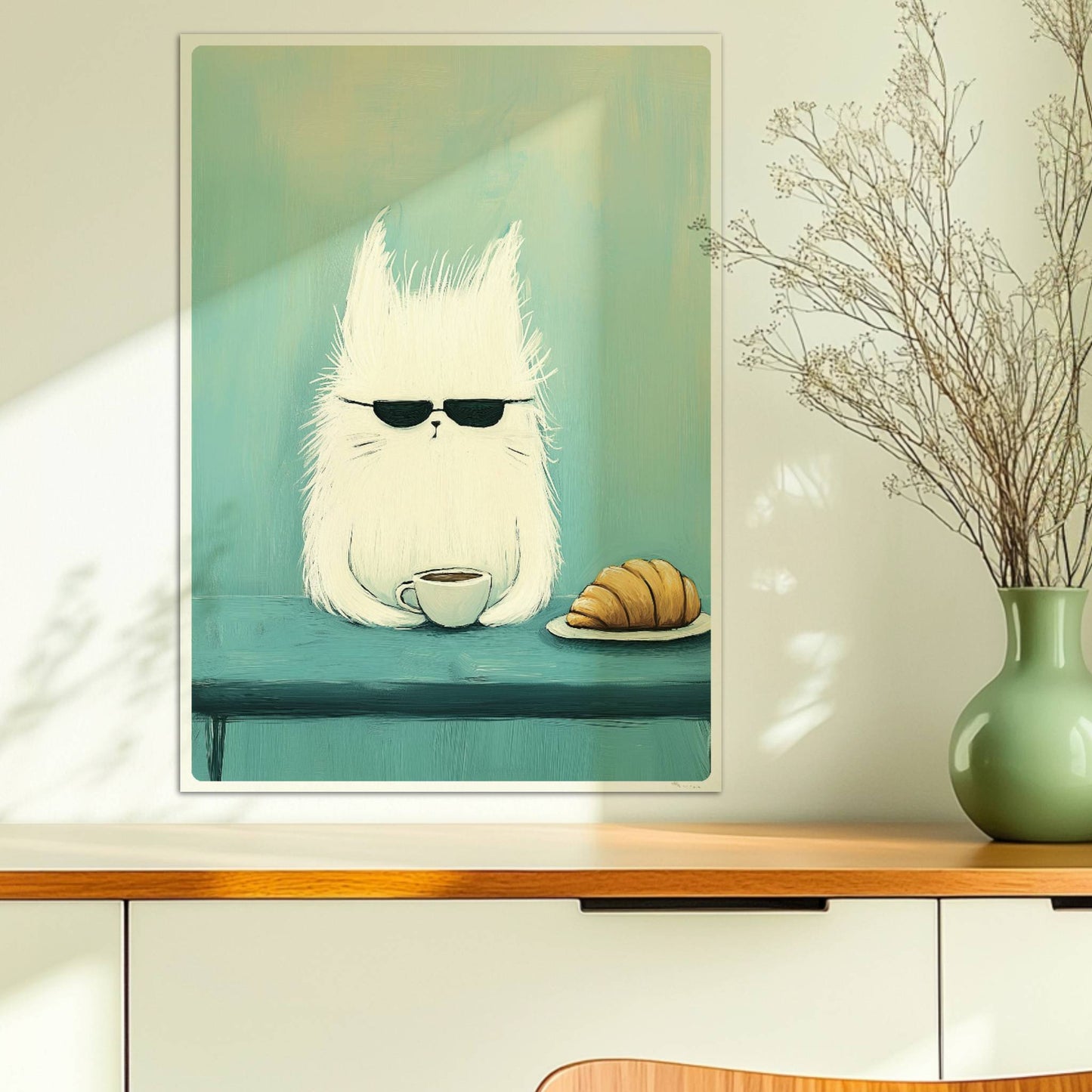 Weisse Katze mit Sonnenbrille und Kaffee, lustiges Katzenposter.. Ohne Rahmen 50x70