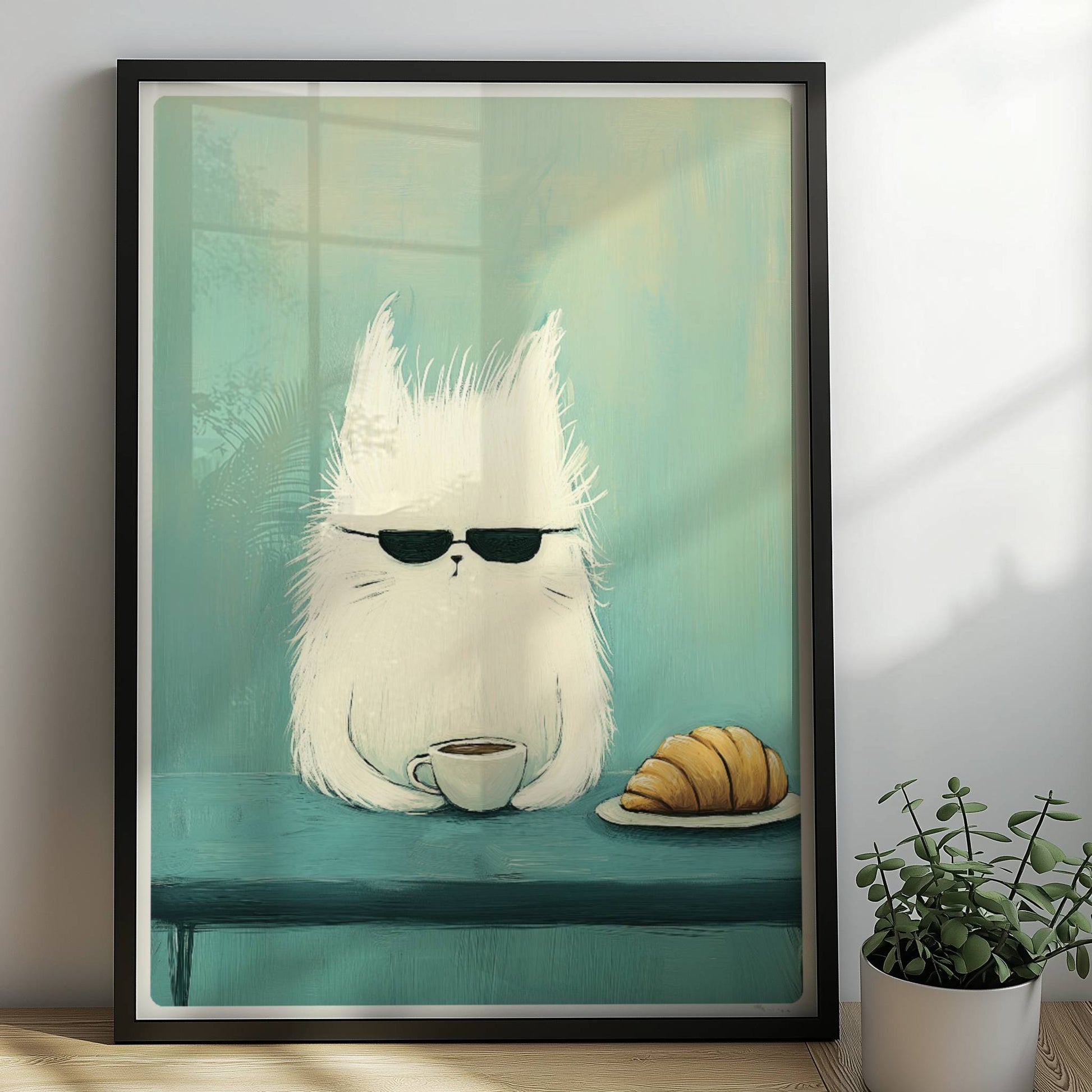Weisse Katze mit Sonnenbrille und Kaffee, lustiges Katzenposter.. Rahmen schwarz 50x70