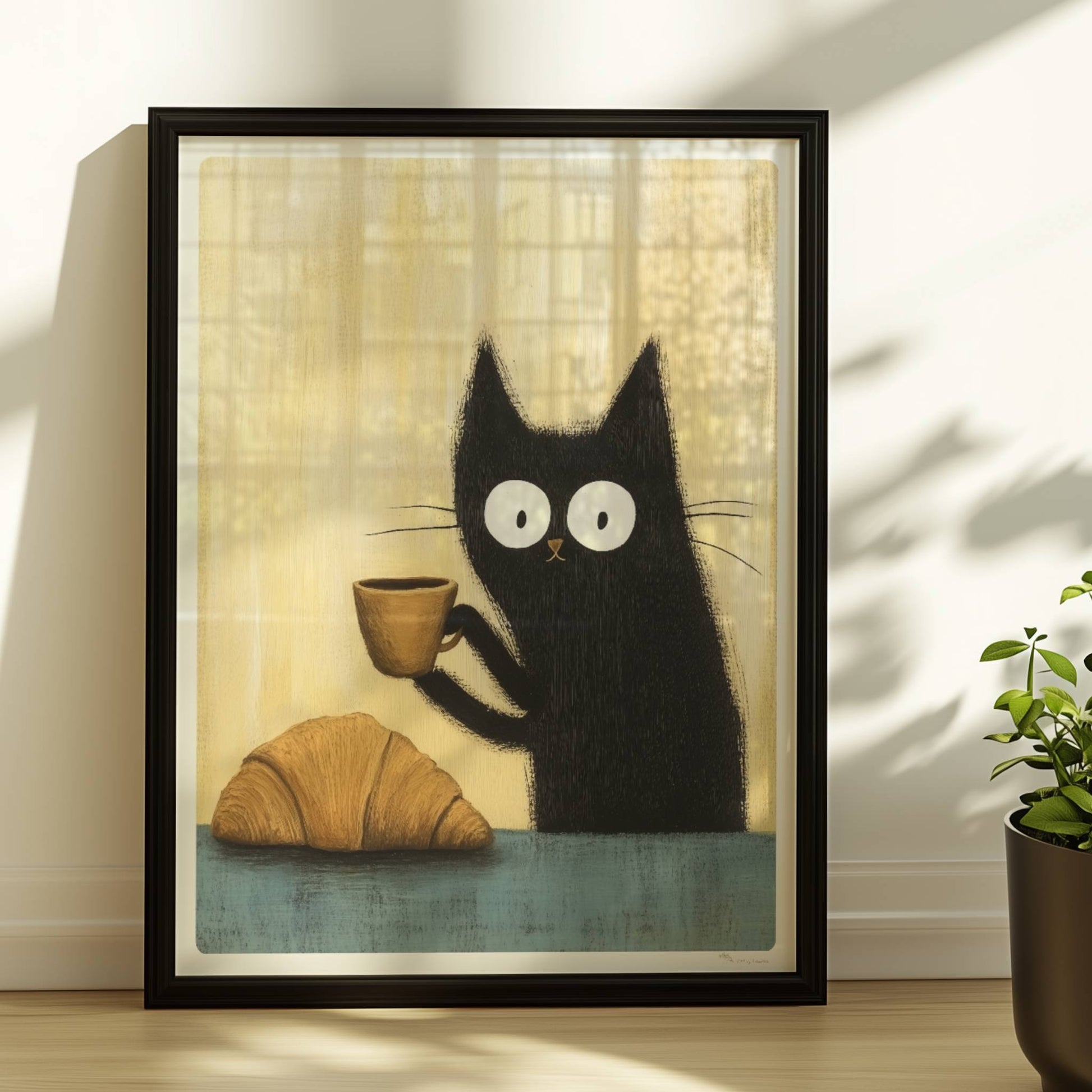 Schwarze Katze mit großen Augen, lustiges Katzenposter.. Rahmen schwarz 30x40