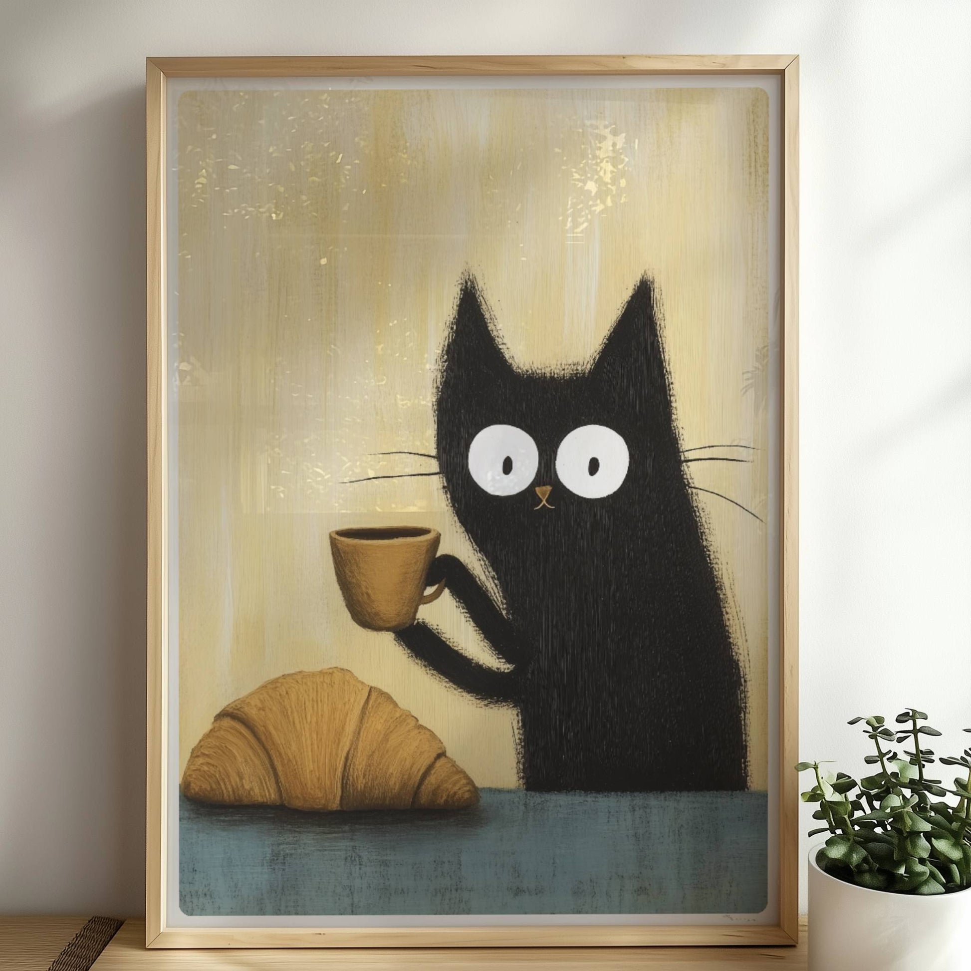 Schwarze Katze mit großen Augen, lustiges Katzenposter.. Rahmen natur 50x70