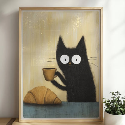 Schwarze Katze mit großen Augen, lustiges Katzenposter.. Rahmen natur 50x70