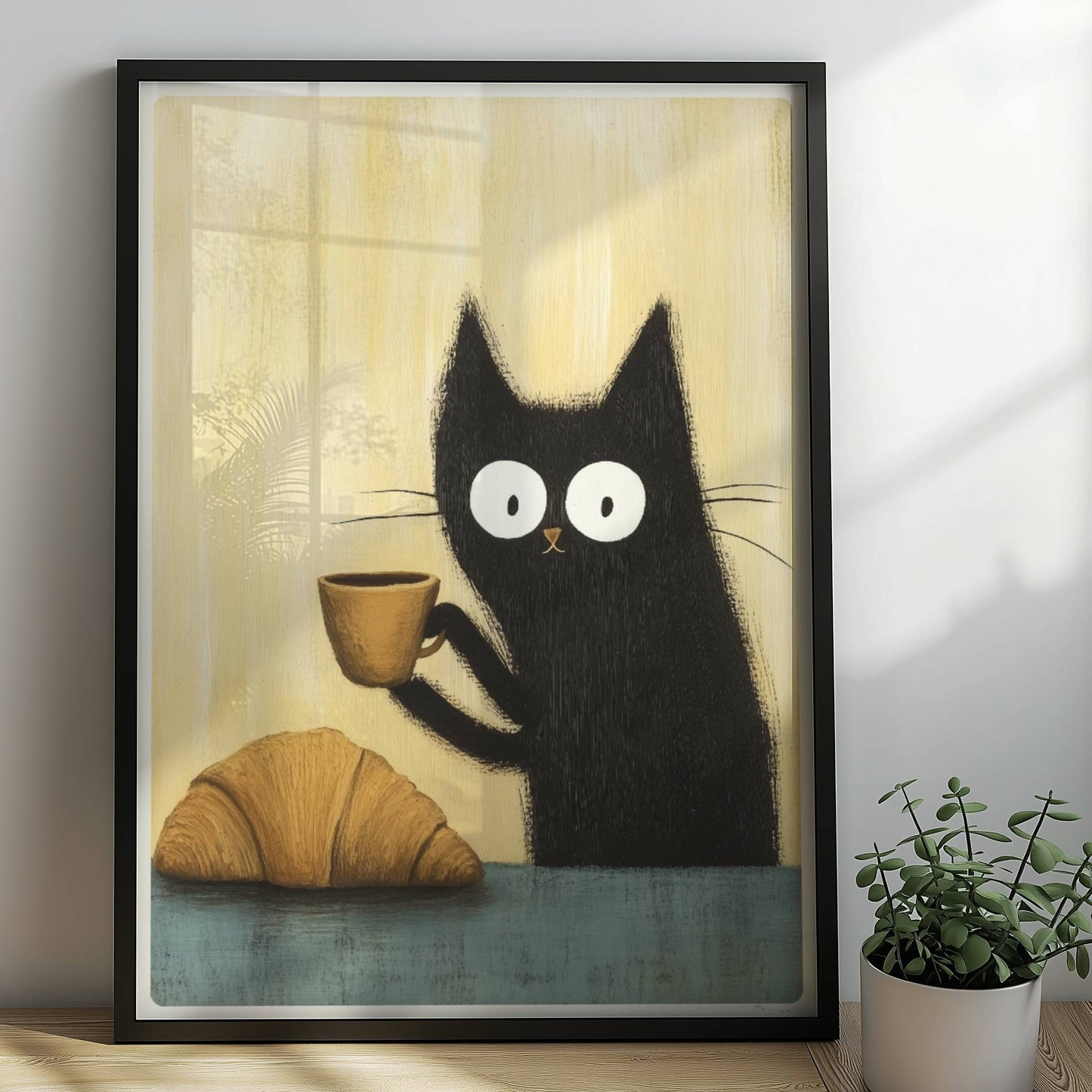 Schwarze Katze mit großen Augen, lustiges Katzenposter.. Rahmen schwarz 50x70