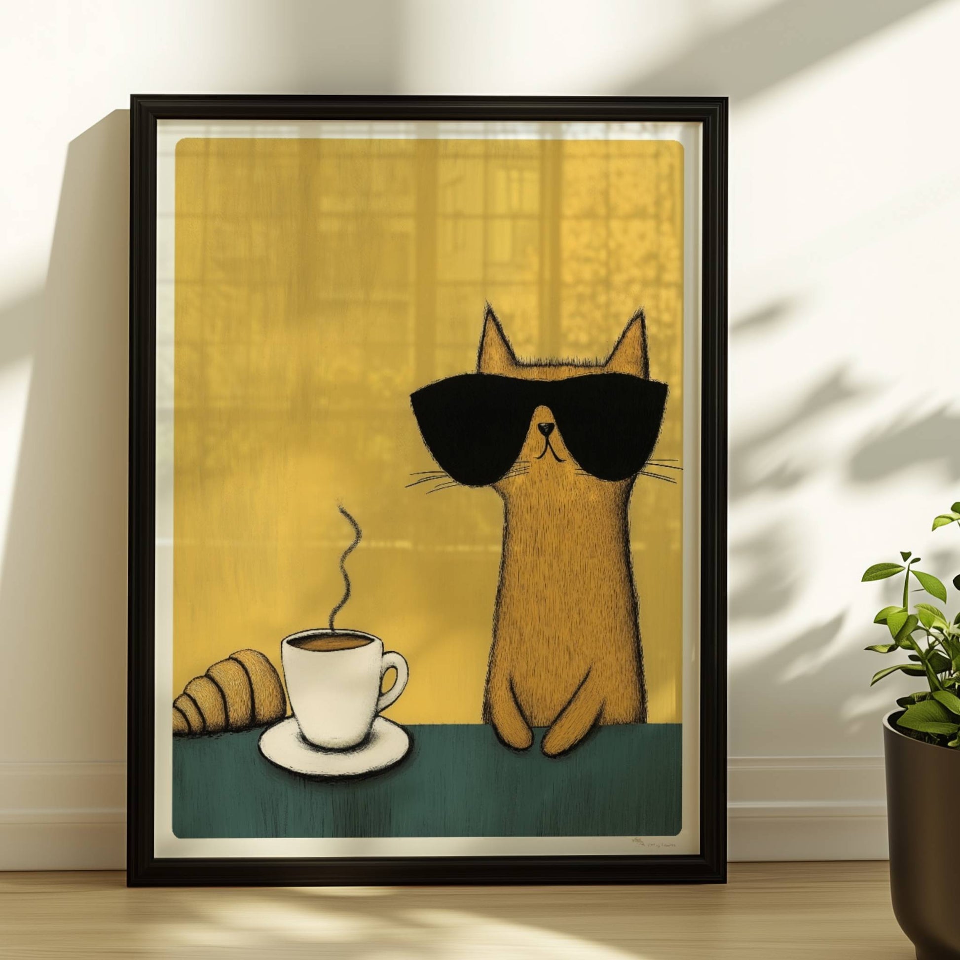 Rote Katze mit Sonnenbrille, lustiges Katzenposter.. Rahmen schwarz 30x40