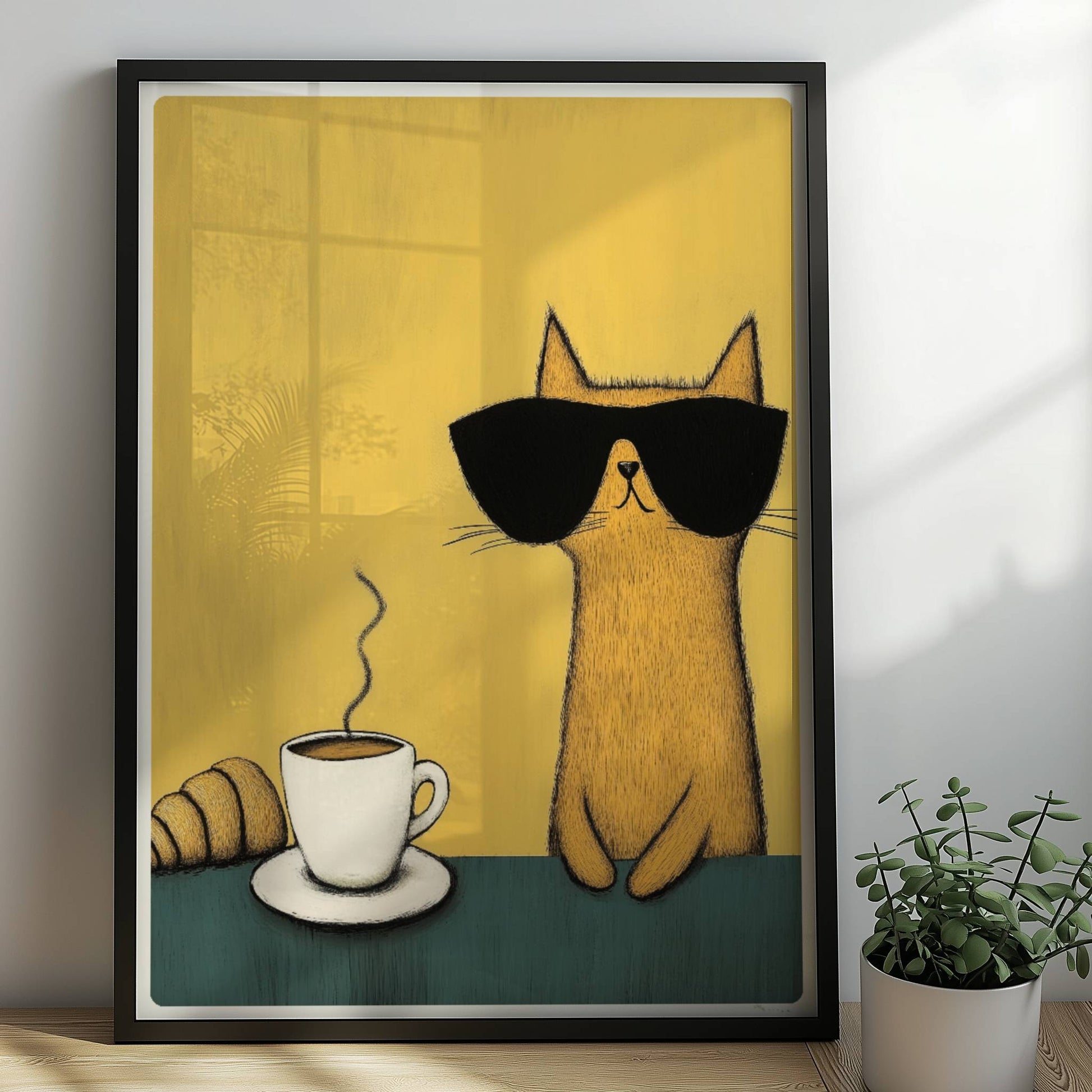 Rote Katze mit Sonnenbrille, lustiges Katzenposter.. Rahmen schwarz 50x70