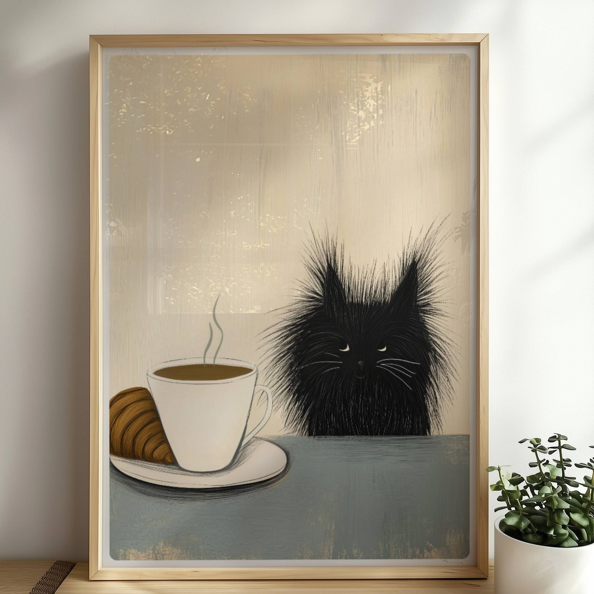 Schwarze Baby-Katze, süßes Katzenposter.. Rahmen natur 50x70