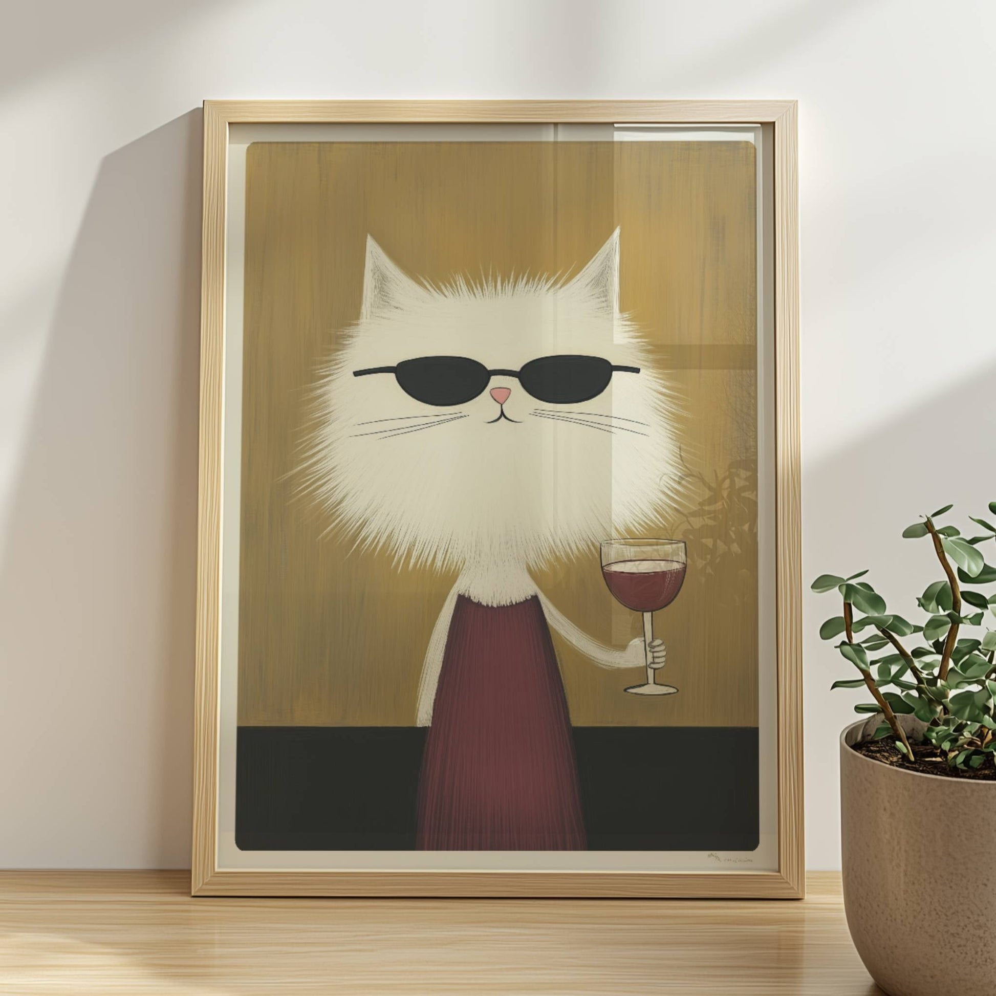 Weisse Katze mit Kleid und Rotwein, lustiges Katzenposter.. Rahmen natur 30x40