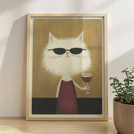Weisse Katze mit Kleid und Rotwein, lustiges Katzenposter.. Rahmen natur 30x40