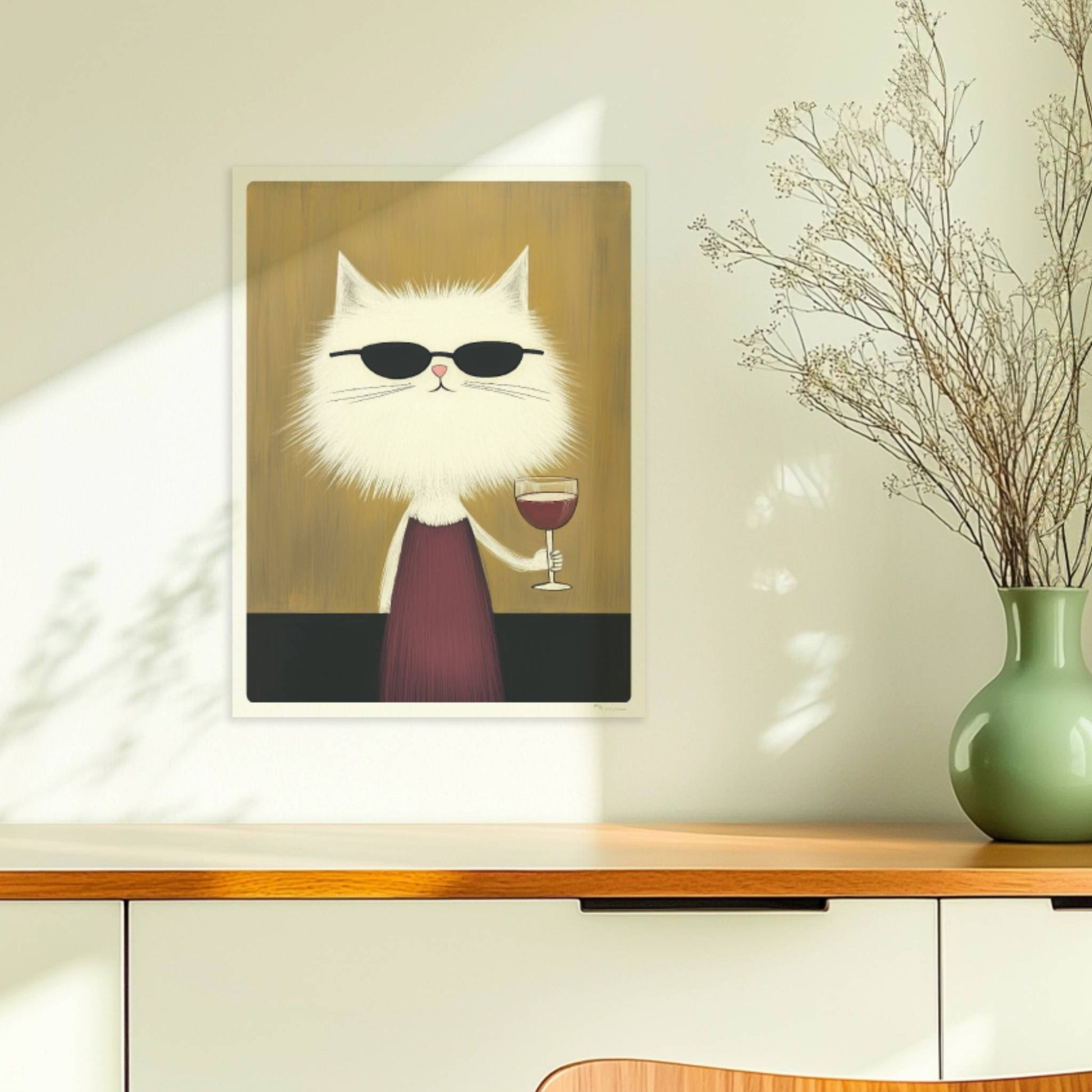 Weisse Katze mit Kleid und Rotwein, lustiges Katzenposter.. Ohne Rahmen 30x40