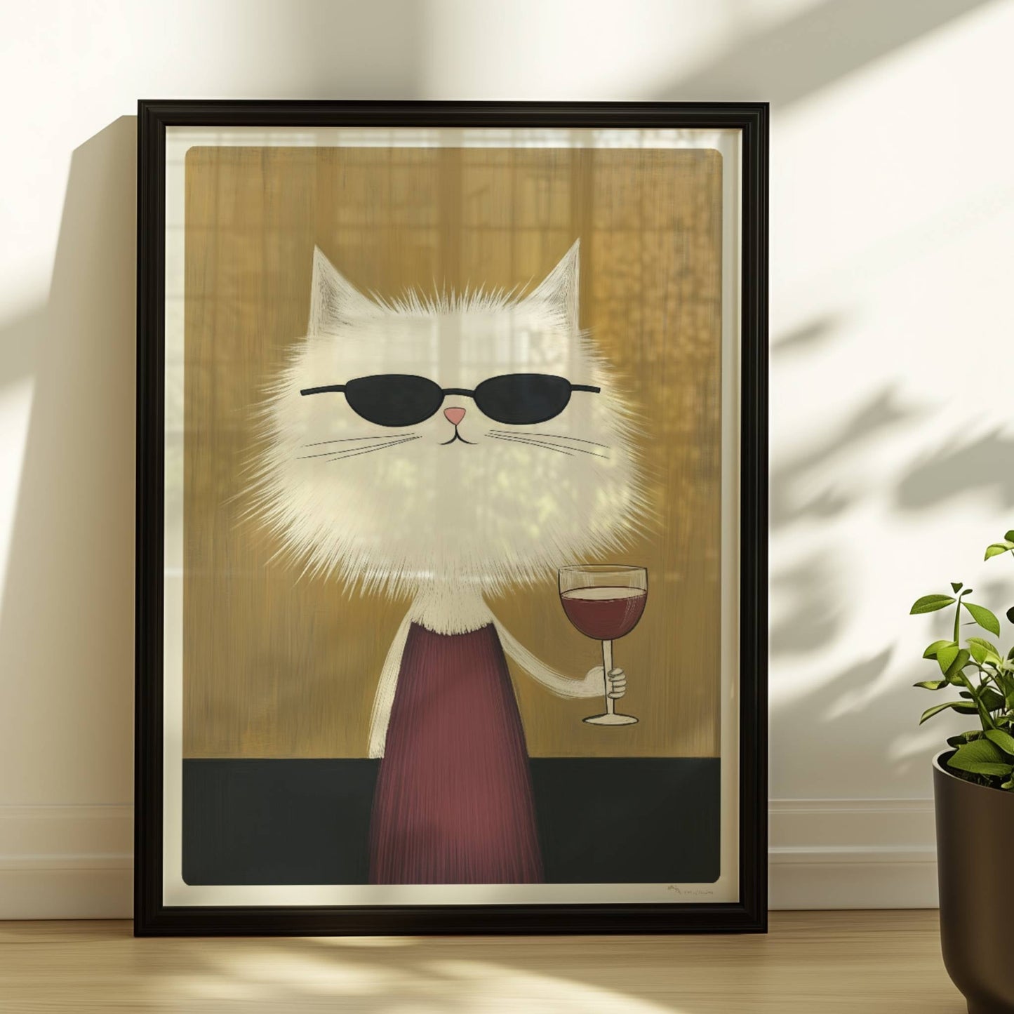 Weisse Katze mit Kleid und Rotwein, lustiges Katzenposter.. Rahmen schwarz 30x40