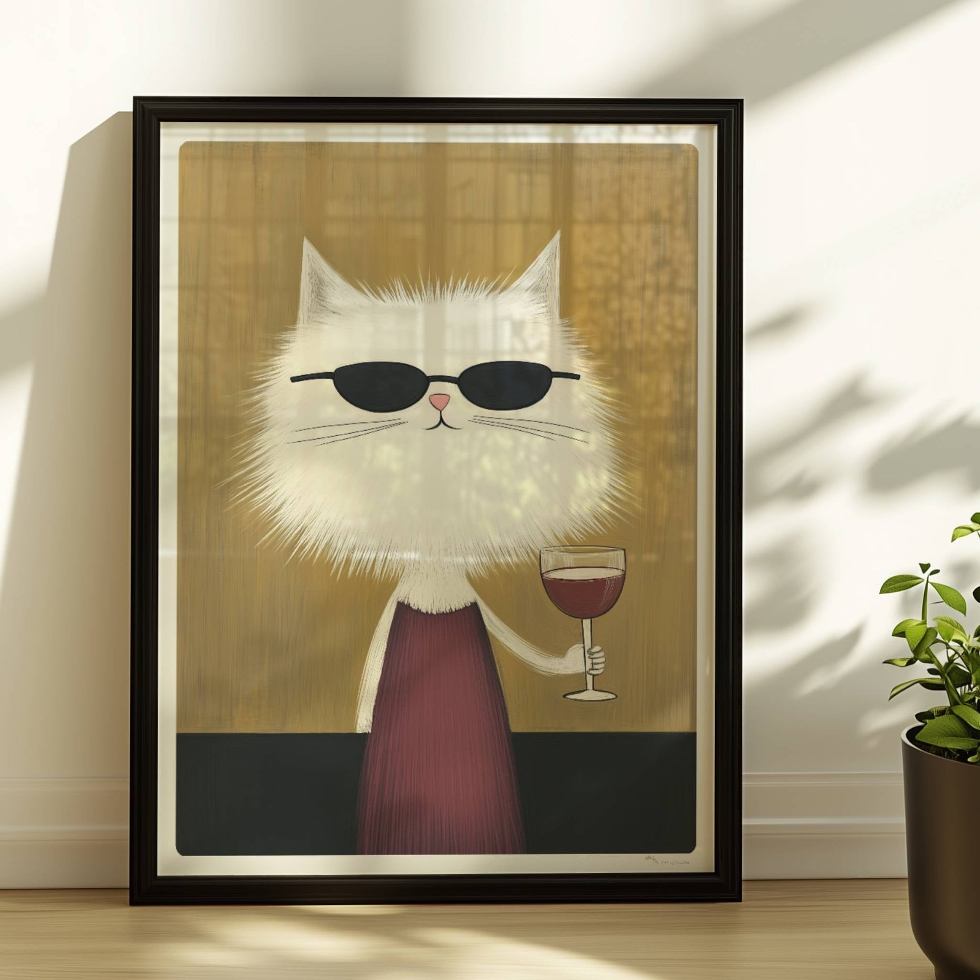 Weisse Katze mit Kleid und Rotwein, lustiges Katzenposter.. Rahmen schwarz 30x40