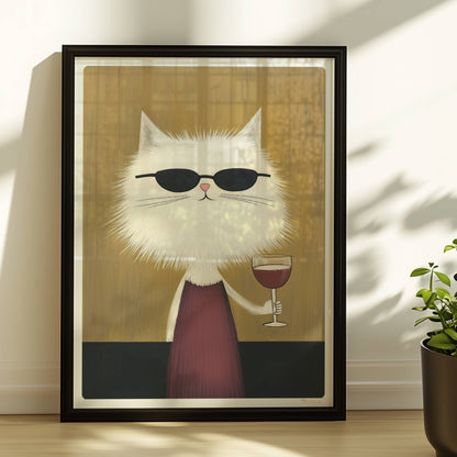 Weisse Katze mit Kleid und Rotwein, lustiges Katzenposter.. Rahmen schwarz 30x40