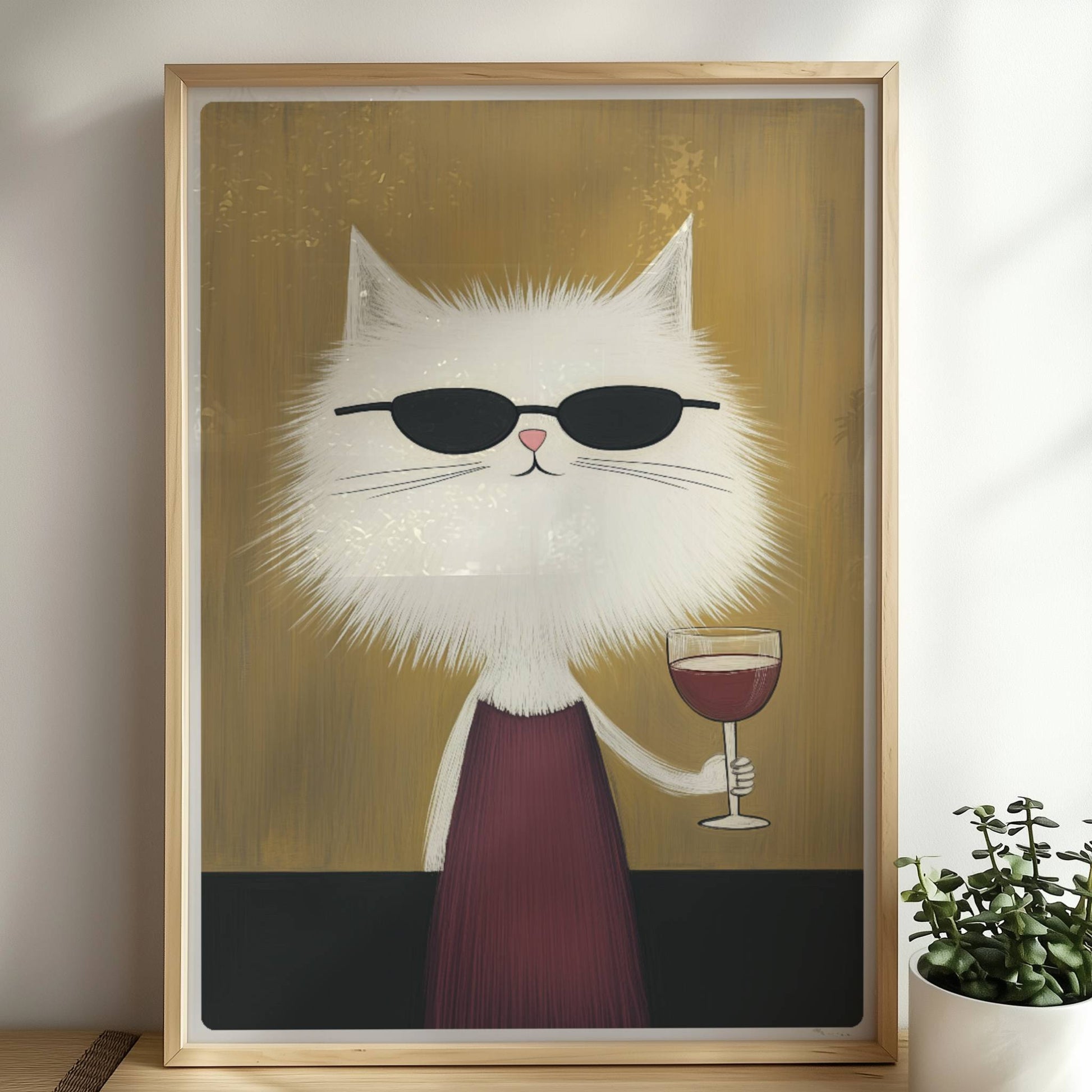 Weisse Katze mit Kleid und Rotwein, lustiges Katzenposter.. Rahmen natur 50x70