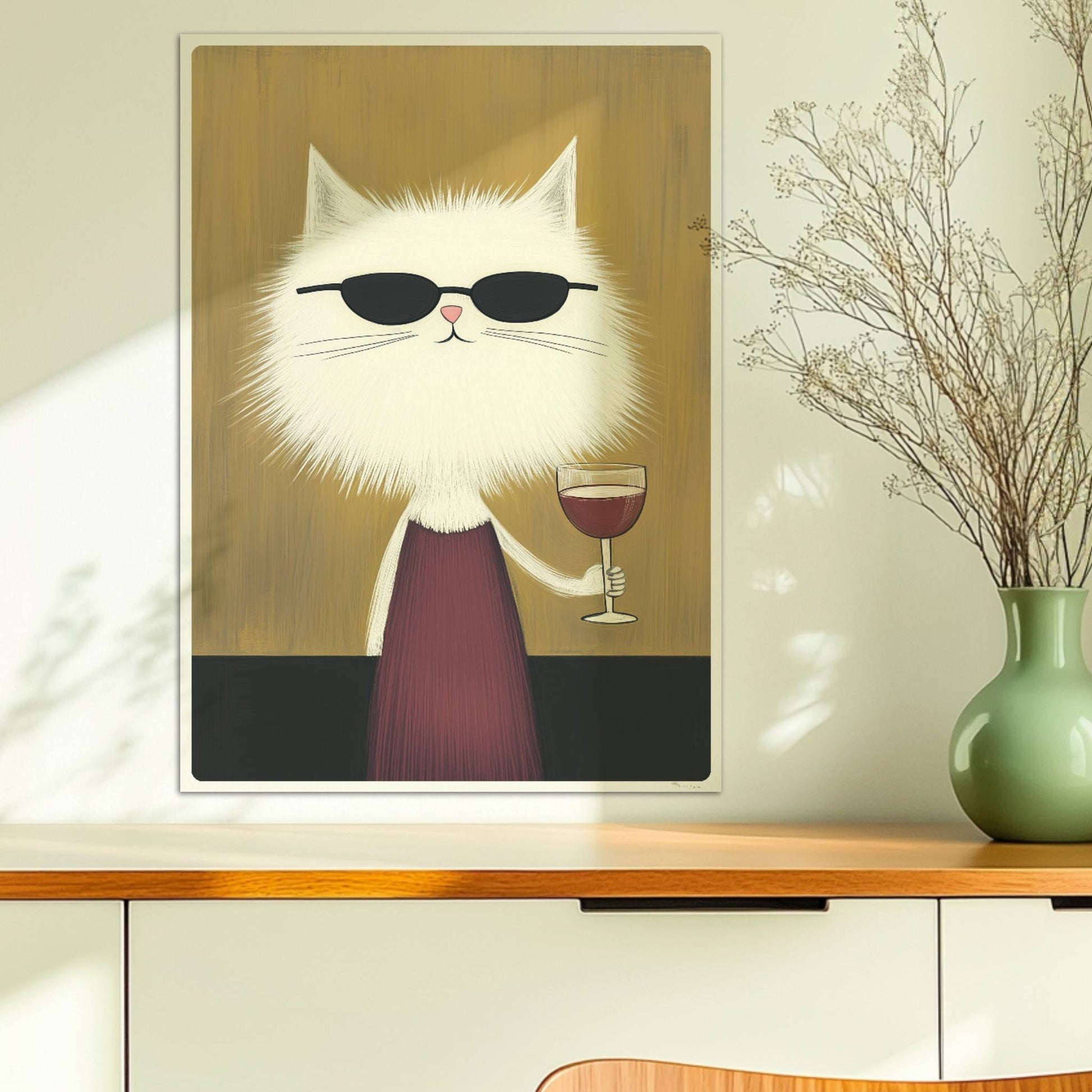 Weisse Katze mit Kleid und Rotwein, lustiges Katzenposter.. Ohne Rahmen 50x70