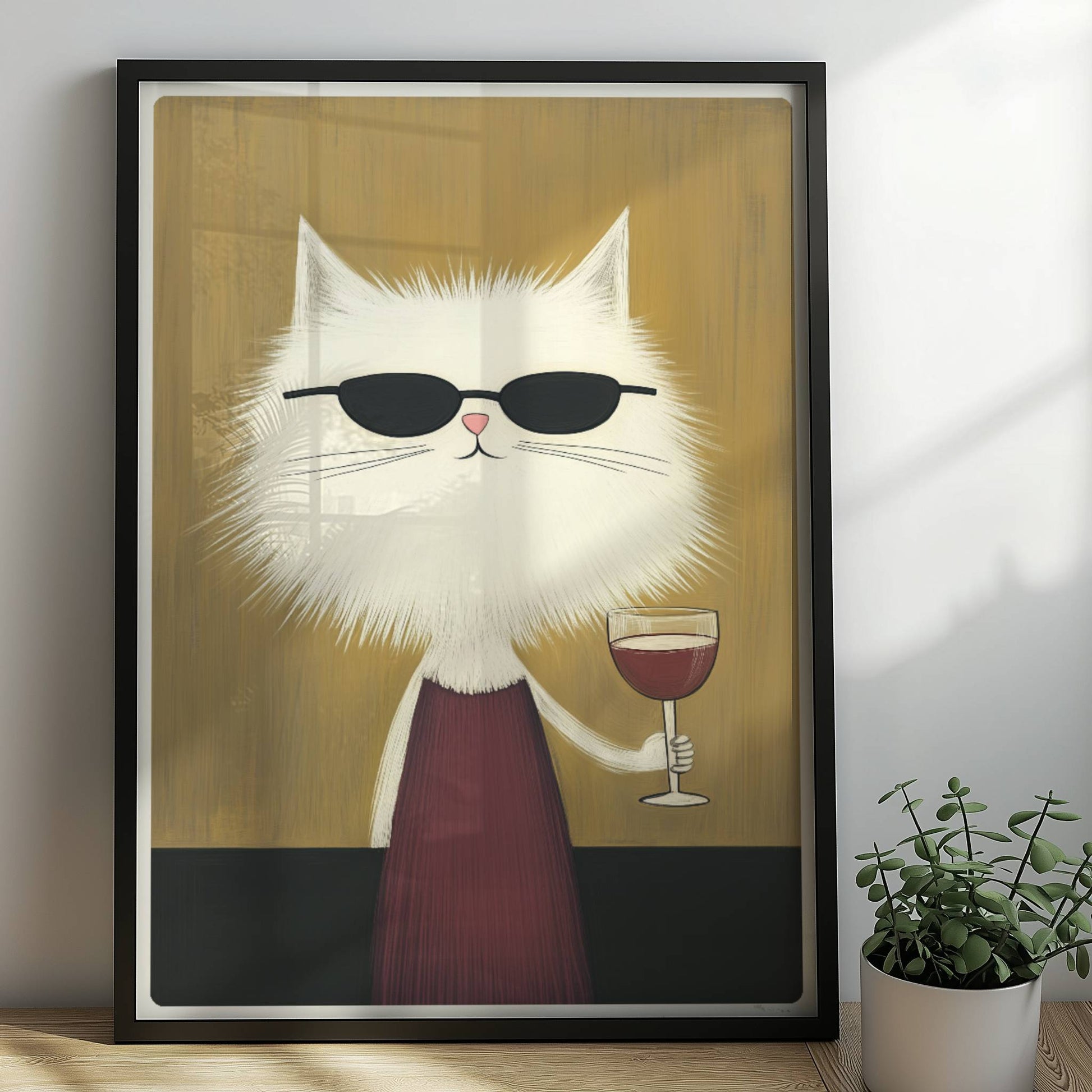 Weisse Katze mit Kleid und Rotwein, lustiges Katzenposter.. Rahmen schwarz 50x70