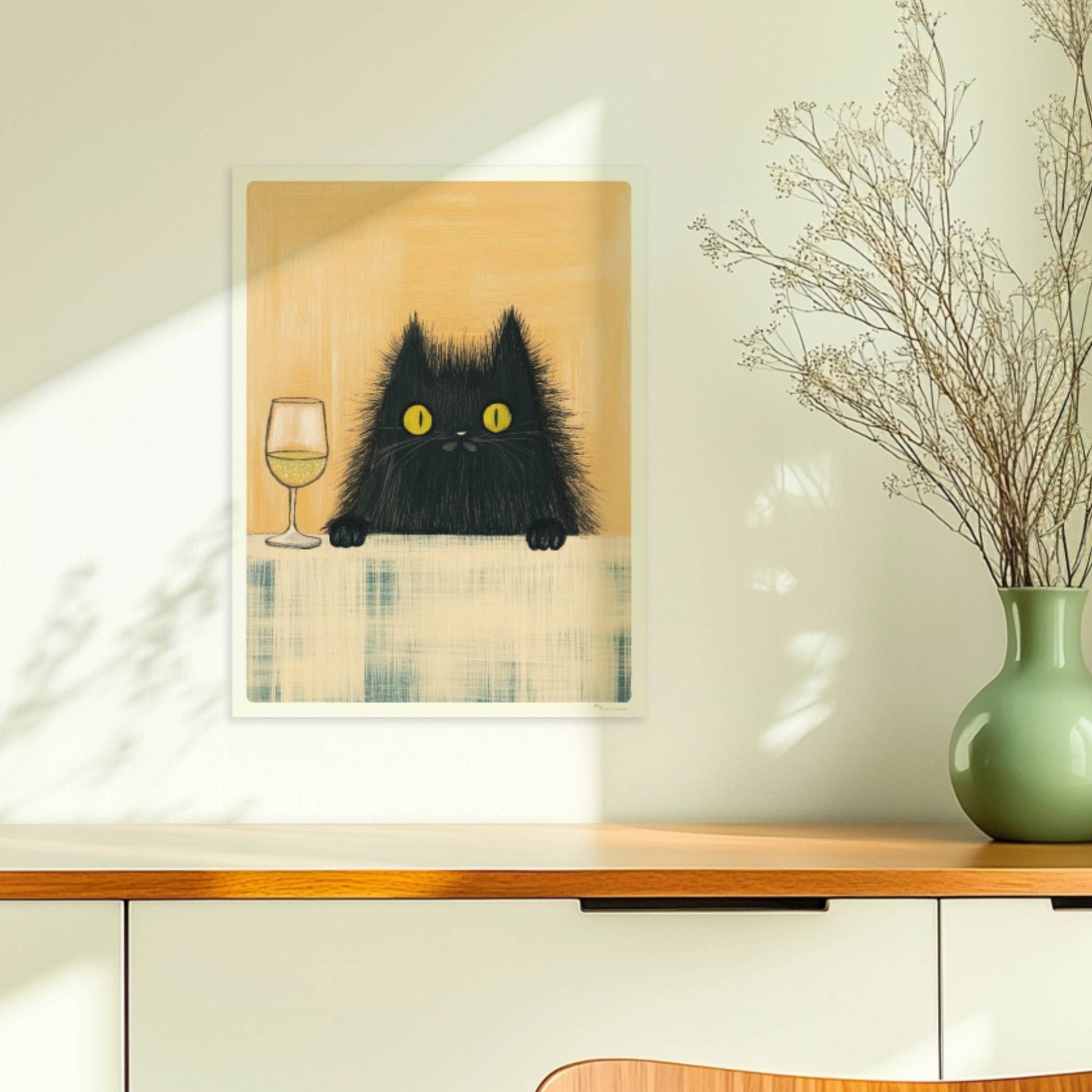 Schwarze Katze mit Weisswein, lustiges Katzenposter.. Ohne Rahmen 30x40