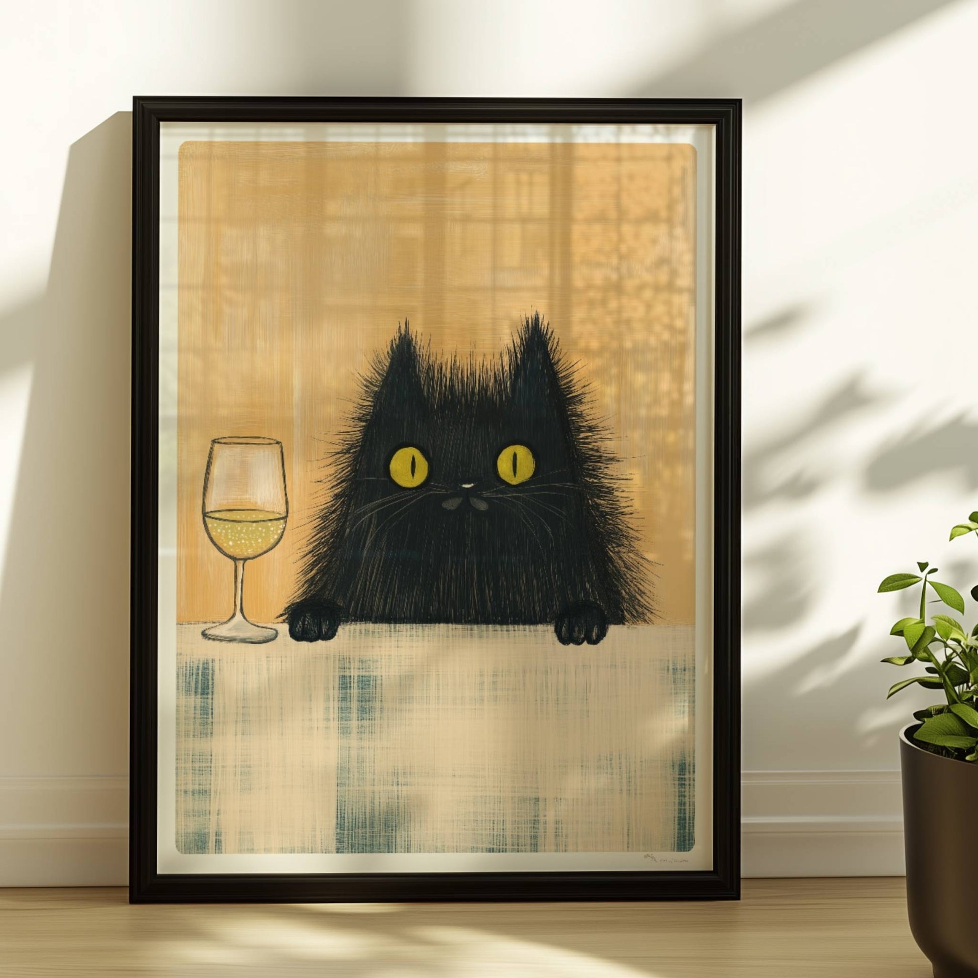 Schwarze Katze mit Weisswein, lustiges Katzenposter.. Rahmen schwarz 30x40