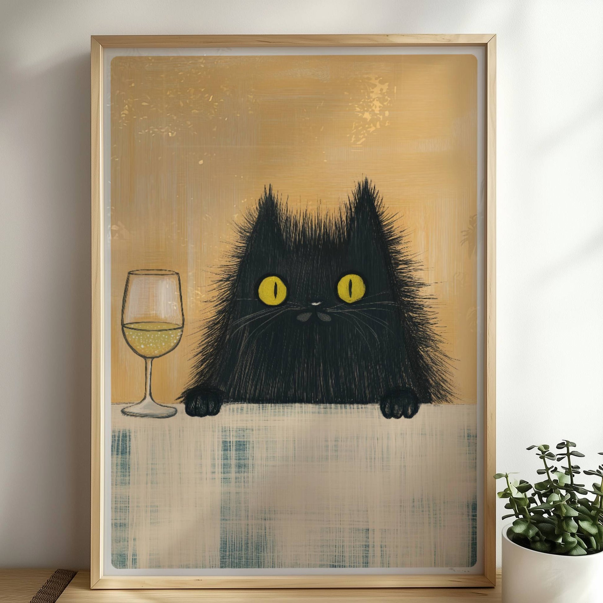 Schwarze Katze mit Weisswein, lustiges Katzenposter.. Rahmen natur 50x70