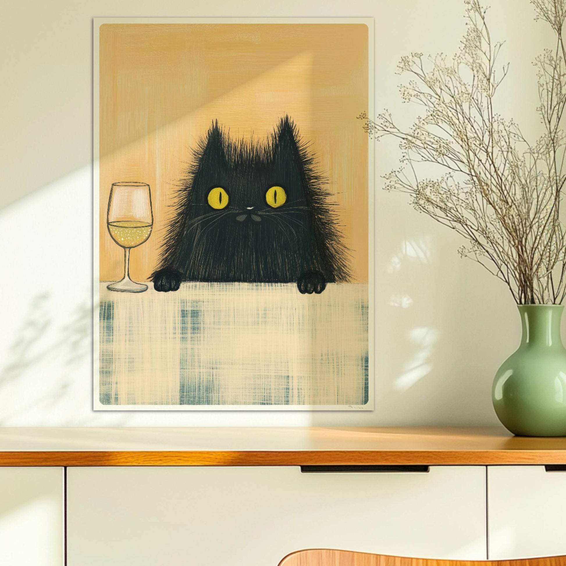 Schwarze Katze mit Weisswein, lustiges Katzenposter.. Ohne Rahmen 50x70