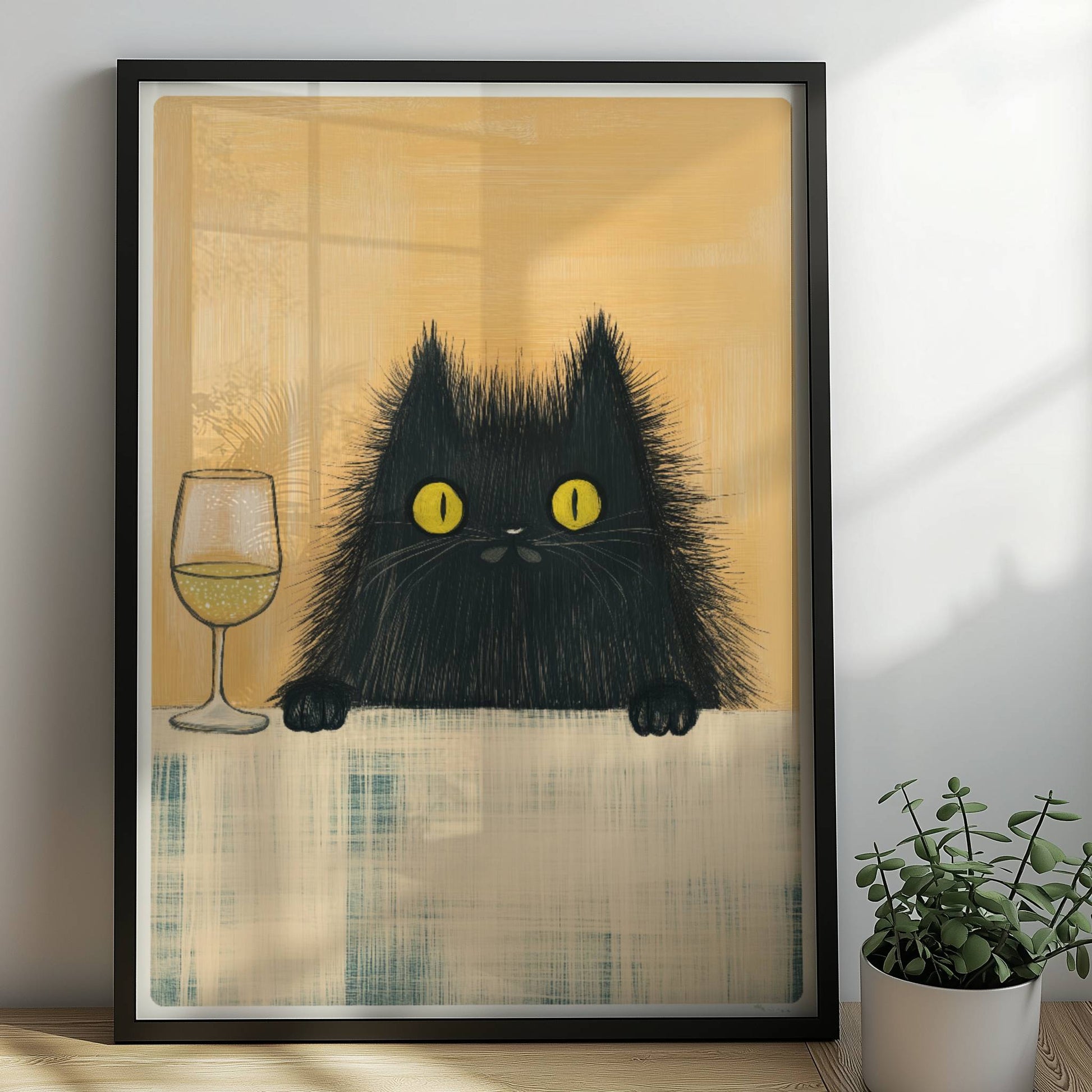 Schwarze Katze mit Weisswein, lustiges Katzenposter.. Rahmen schwarz 50x70